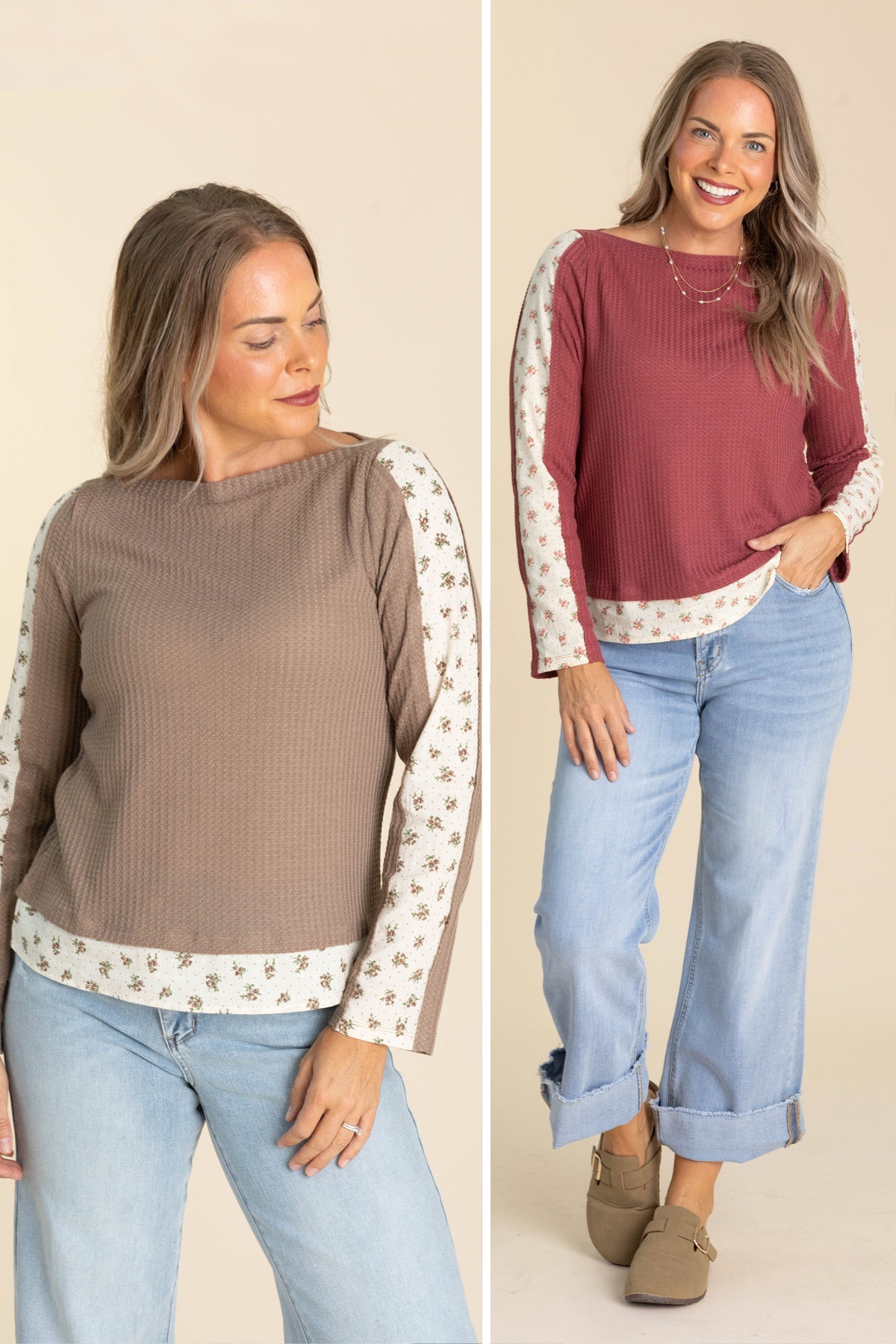 Waffle Knit Boat Neck Tops With Floral Trim