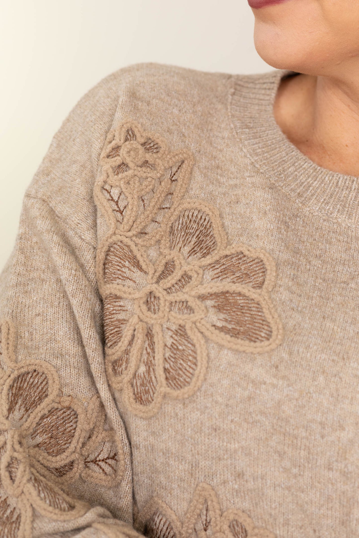 Taupe Embroidered Floral Detail Sweater