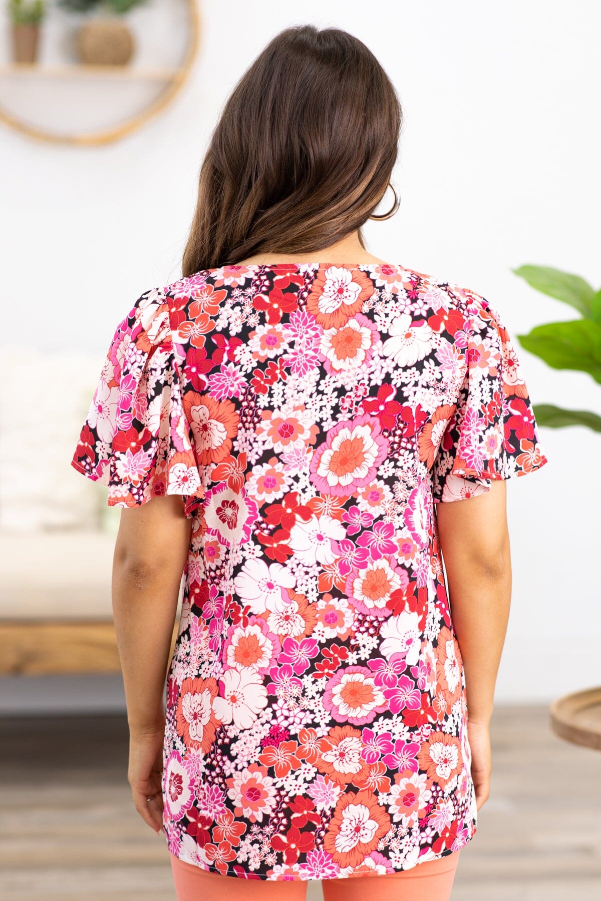 Pink and Coral Floral Print Contrast Trim Top