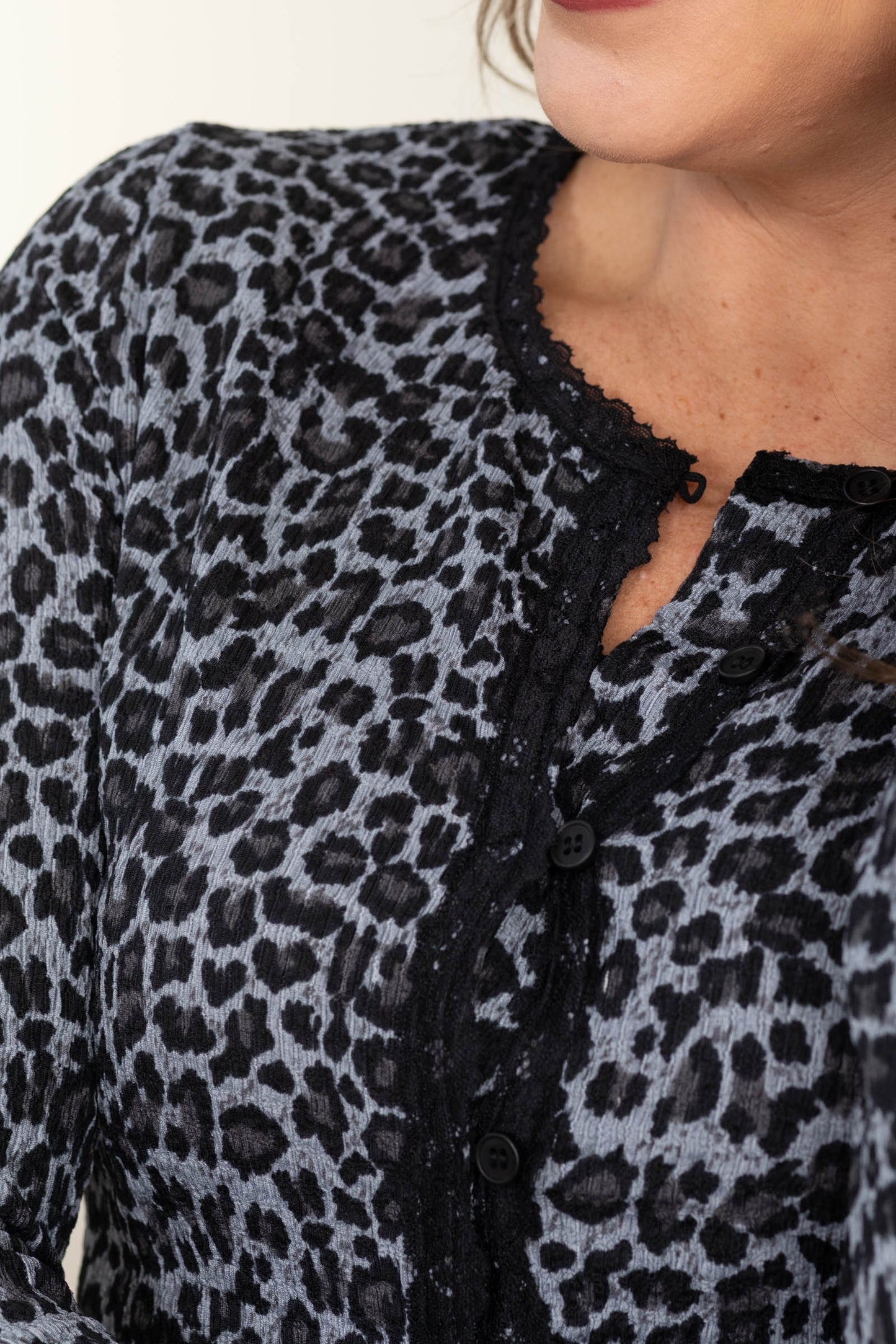 Black Leopard Knit Top With Lace Trim