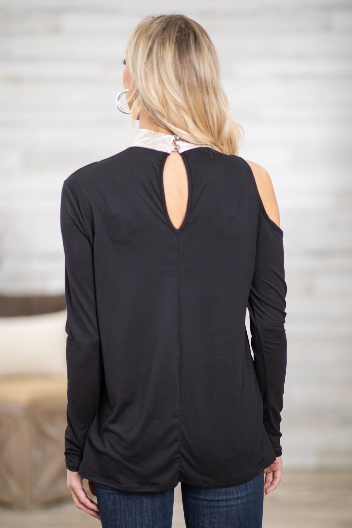 Black and Silver Mock Neck Top With Cutouts