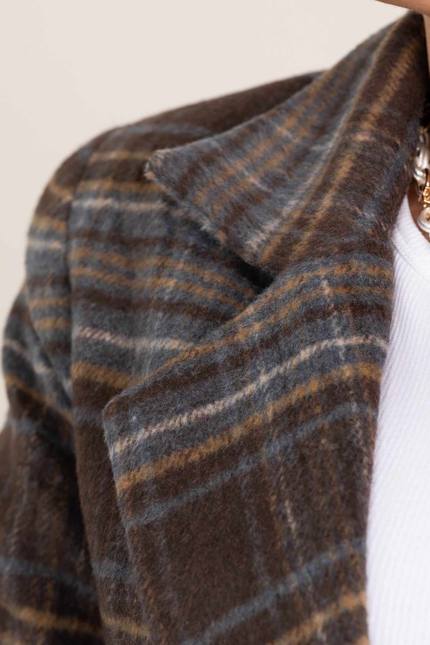 Brown Plaid Button Front Long Line Jacket