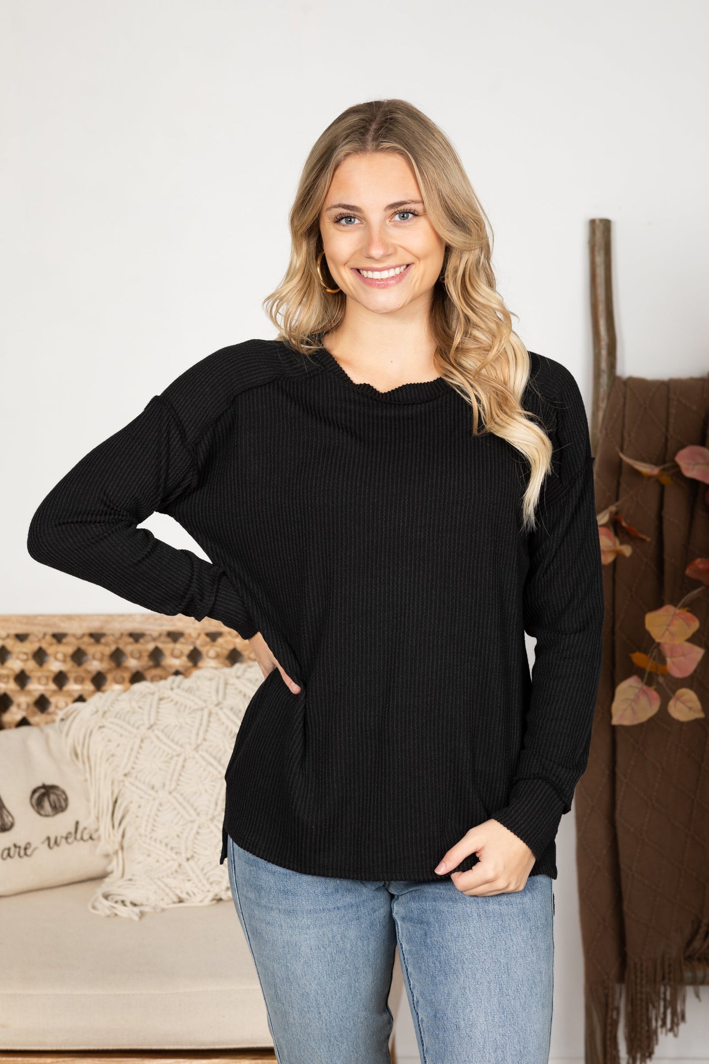Ribbed Drop Shoulder Long Sleeve Knit Top