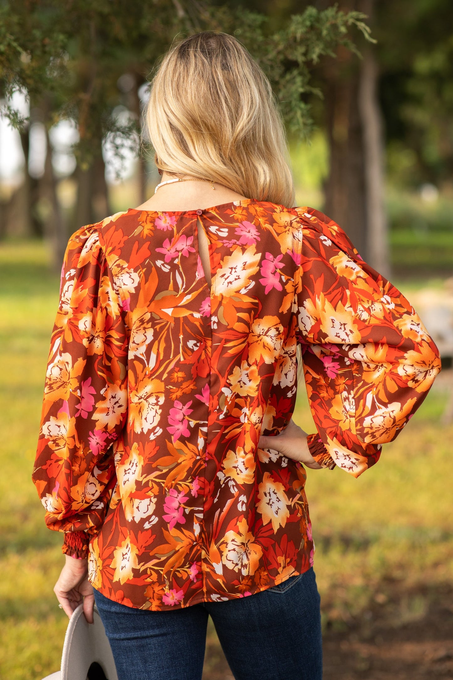 Burnt Orange and Pink Floral Smocked Cuff Top