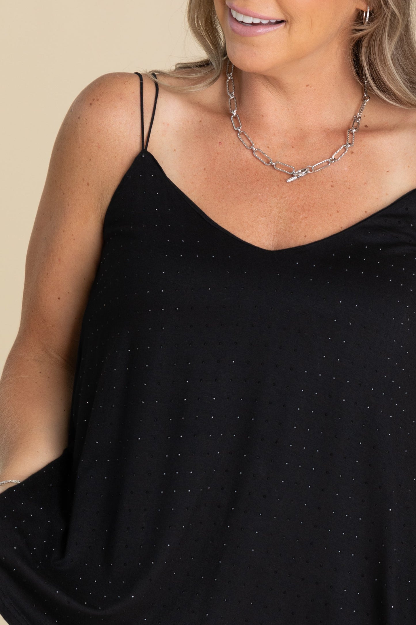 Black V-Neck Rhinestone Embellished Knit Tank