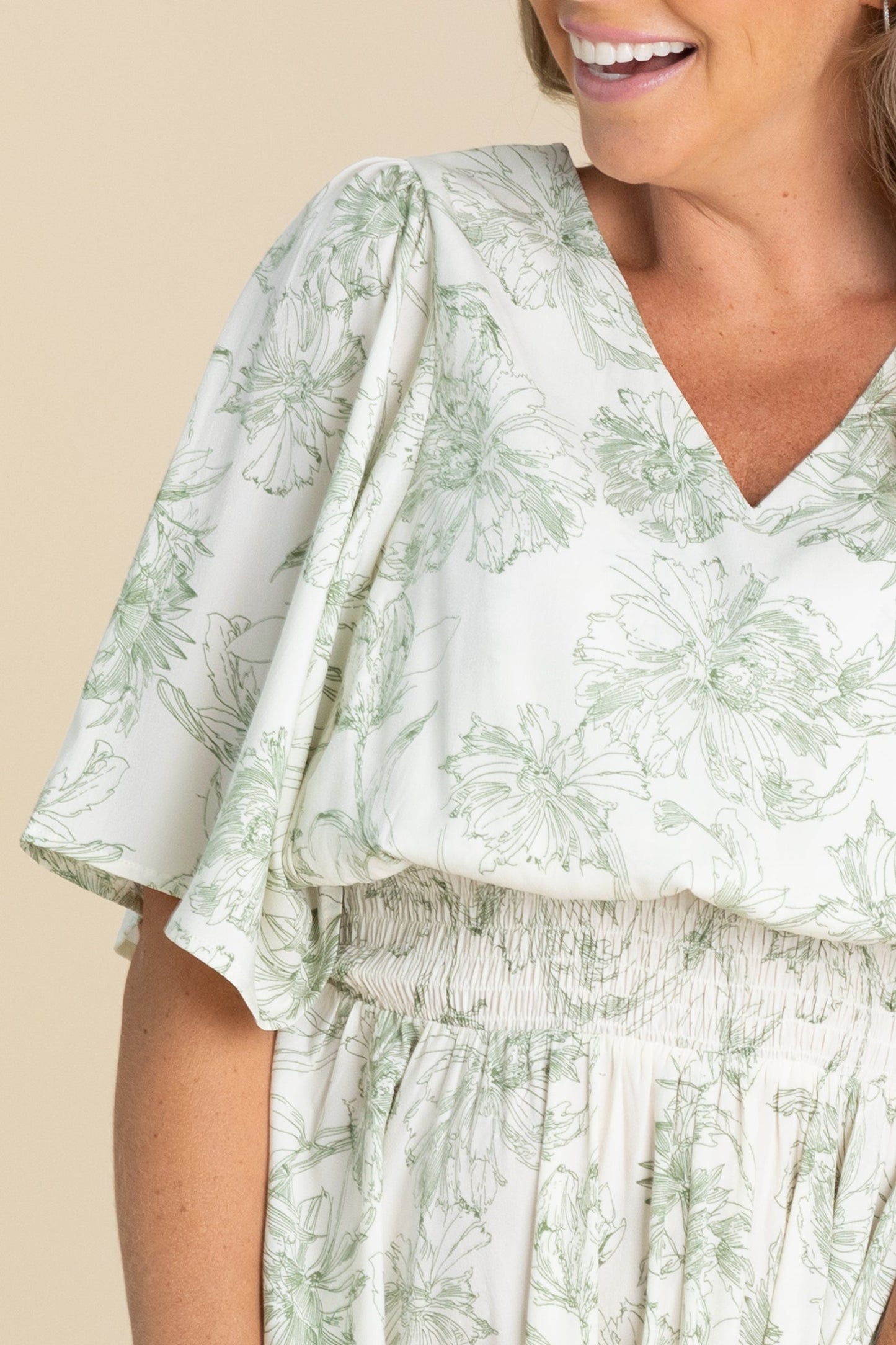 Ivory And Olive Floral Smocked Midi Dress