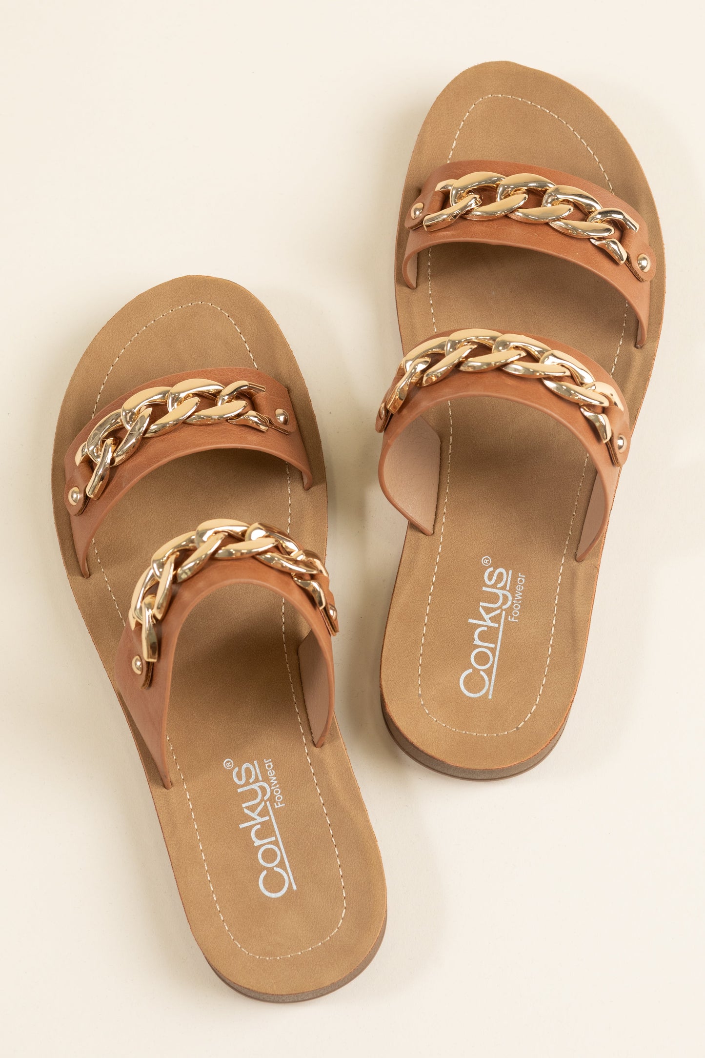 Corkys Cognac Double Gold Strap Sandals