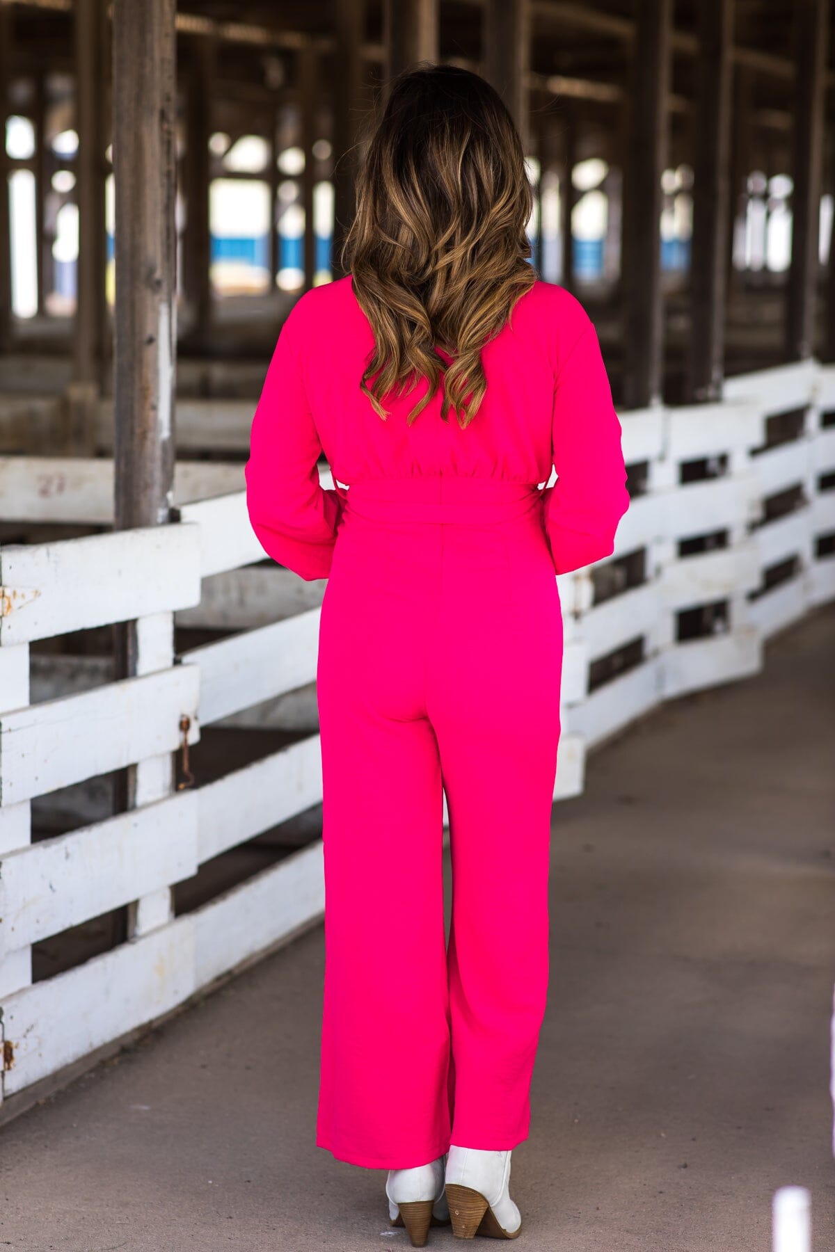 Hot Pink Long Sleeve Self Tie Waist Jumpsuit