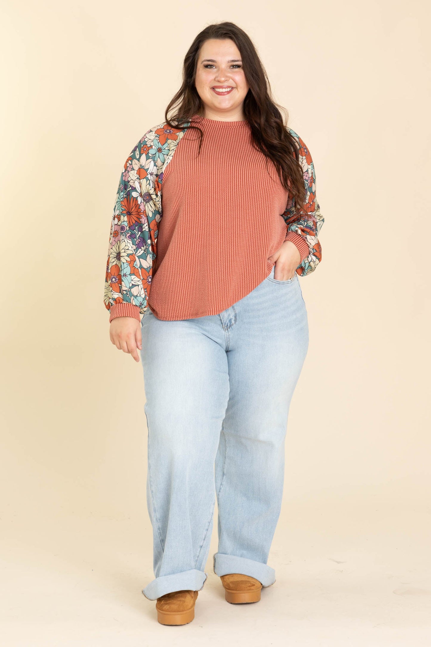 Ribbed Knit Tops With Floral Long Sleeves