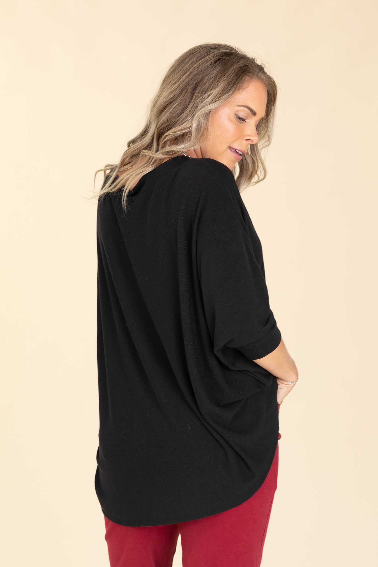 Boatneck Dolman Quarter Sleeve Knit Tops