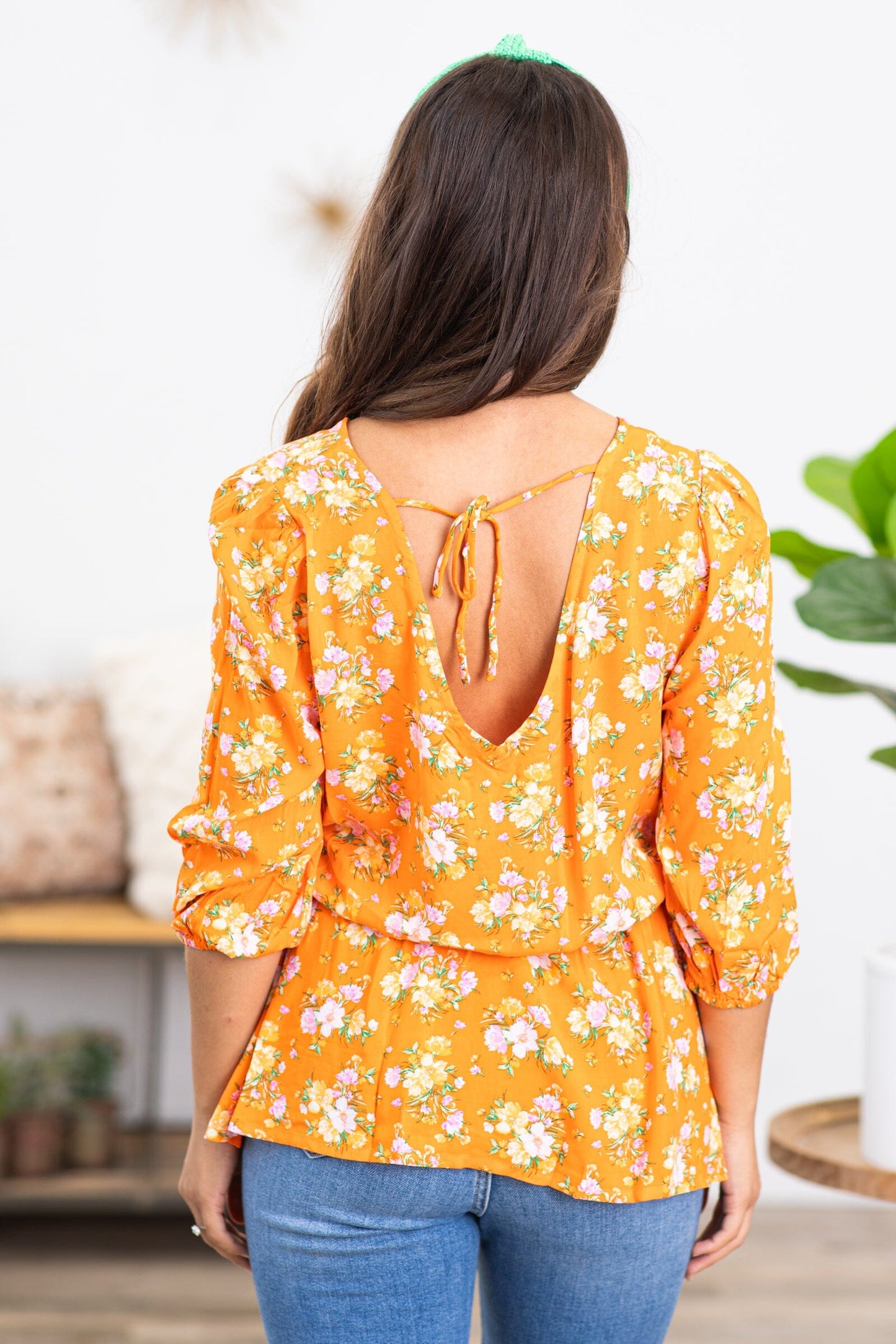 Orange and Sage Floral Print Top