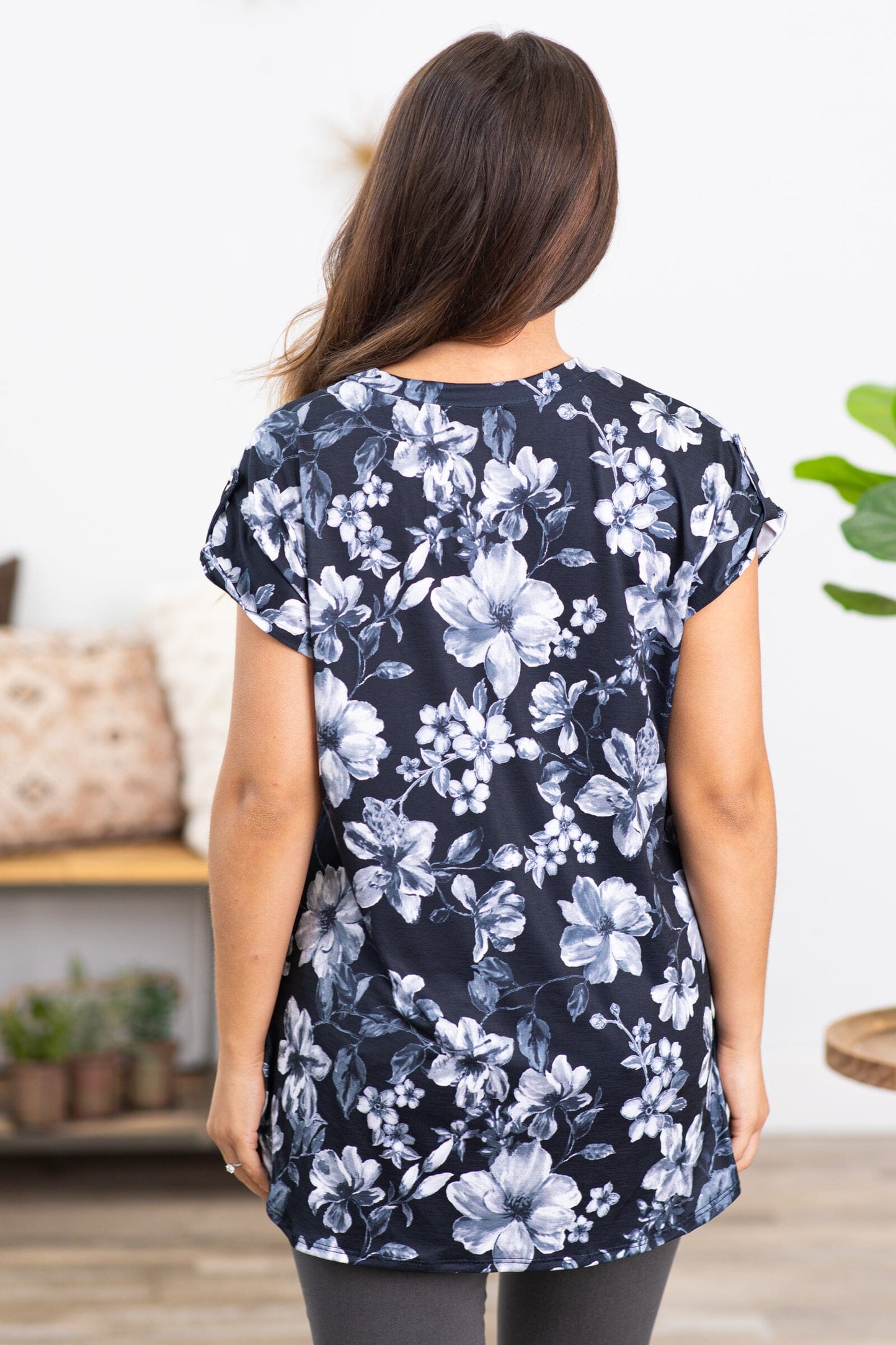 Black and Grey Floral Print V-Neck Top