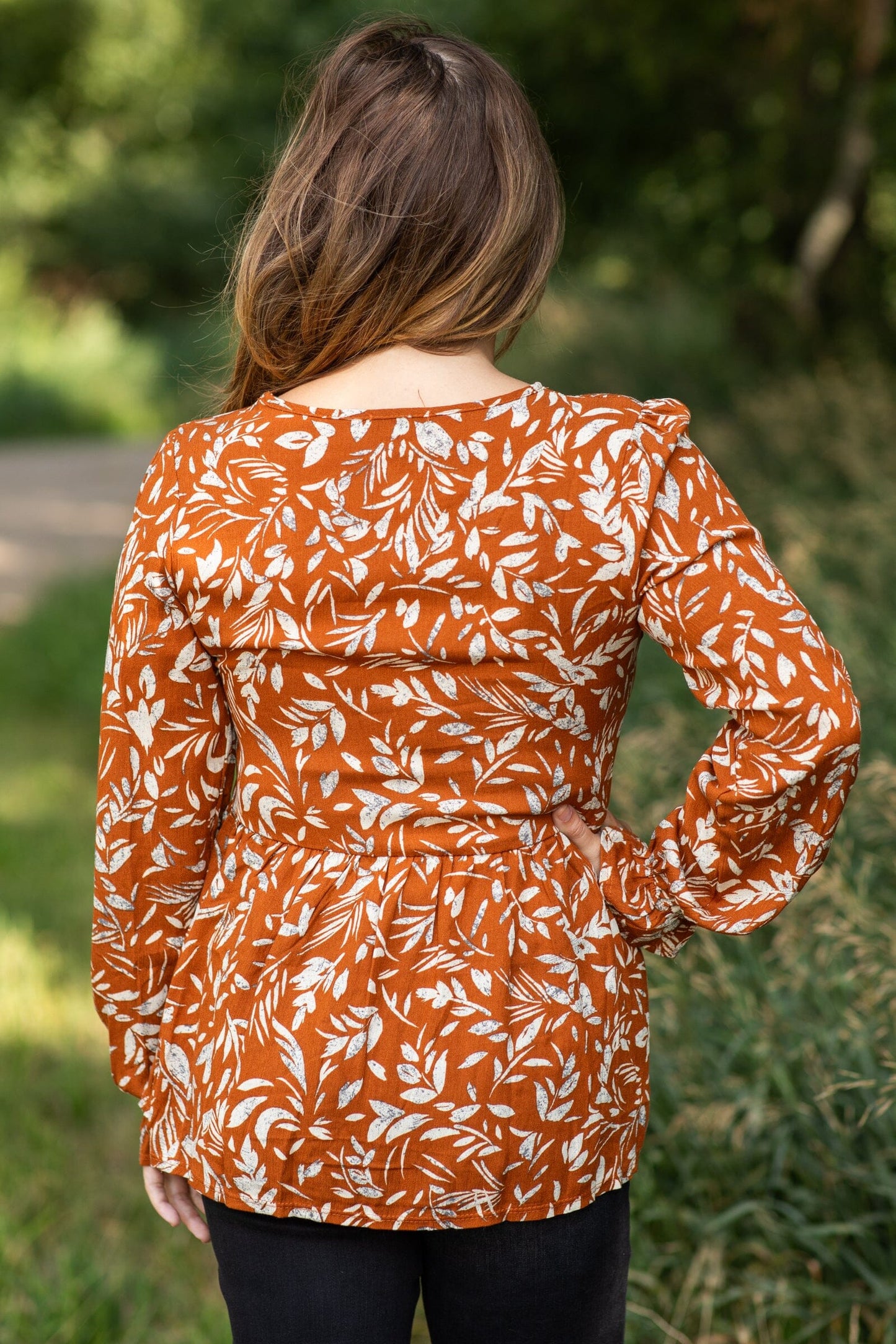 Cognac Drop Waist Leaf Print Top