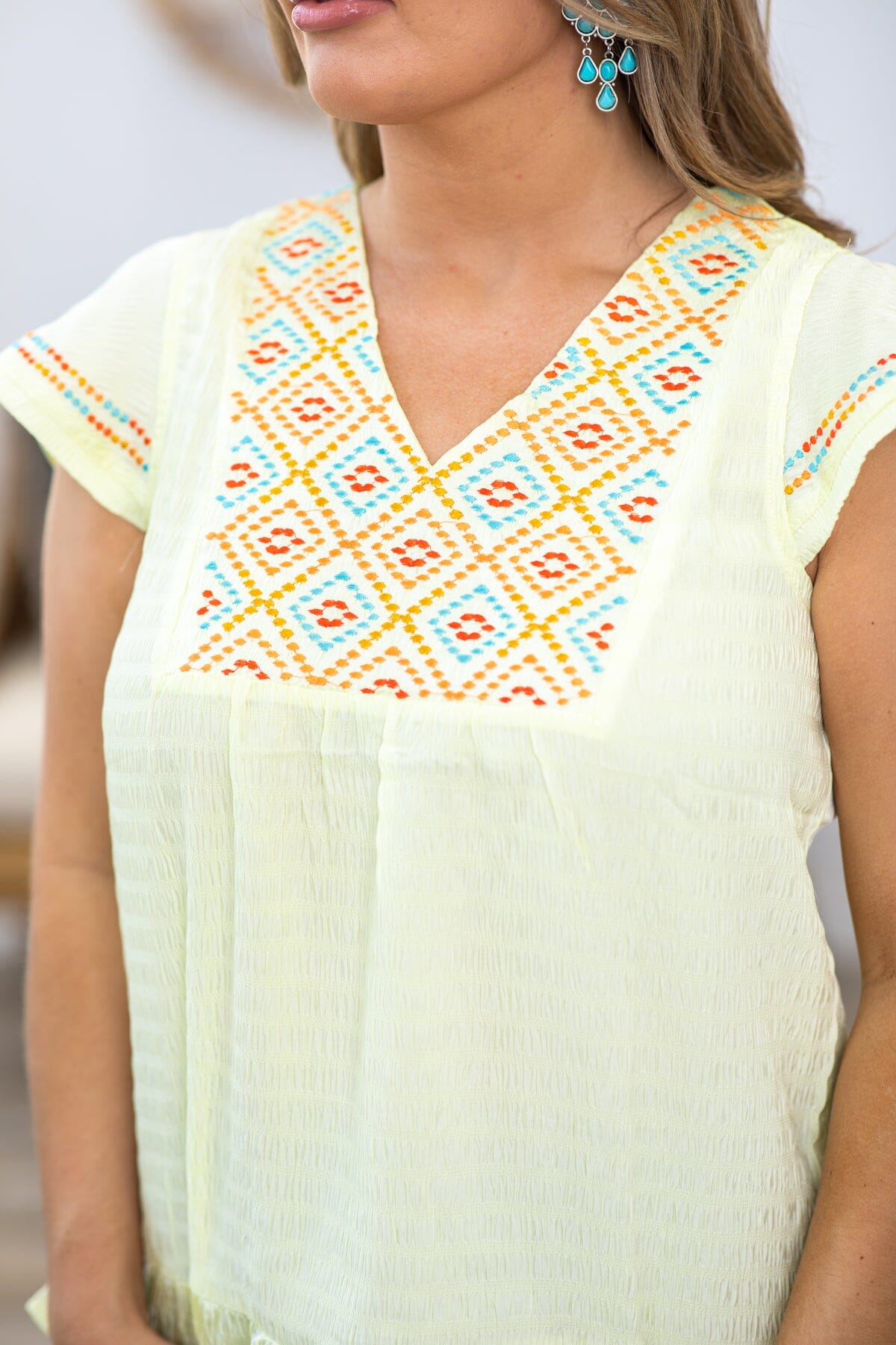 Yellow Ruffle SLeeve Top With Embroidered Yoke