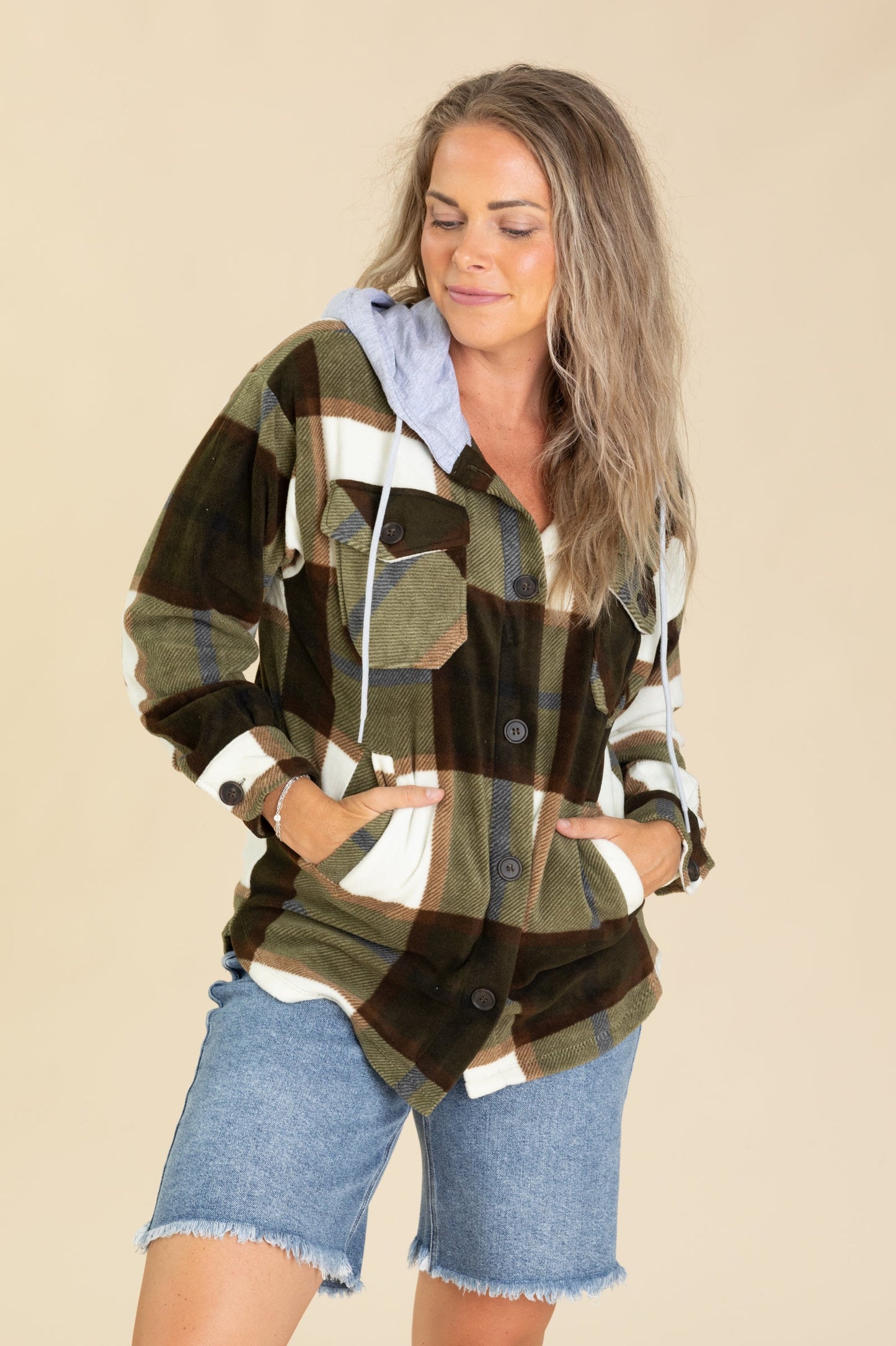Plaid Fleece Shackets With Hood