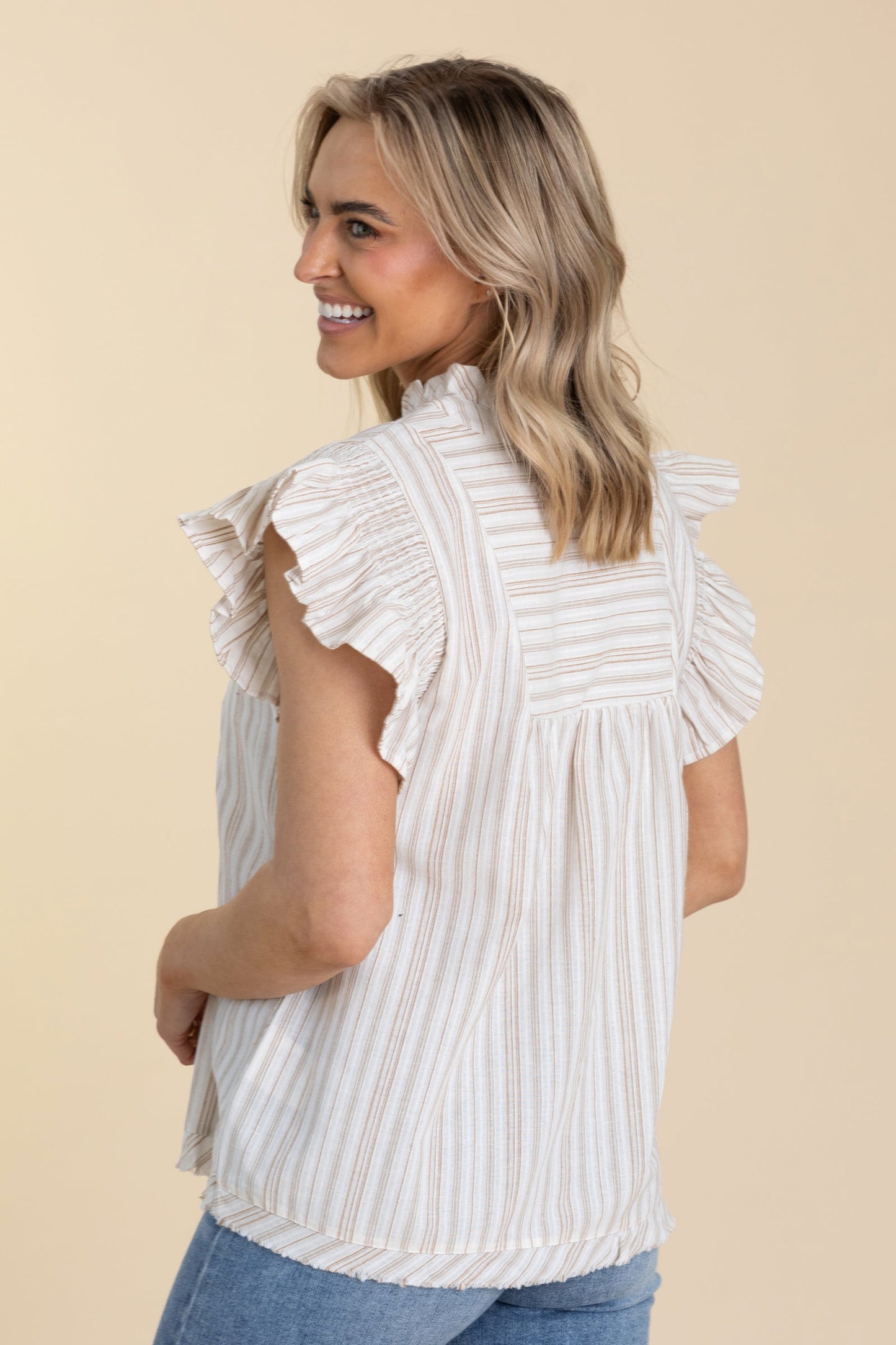 Taupe And Beige Stripe V-Neck Woven Top