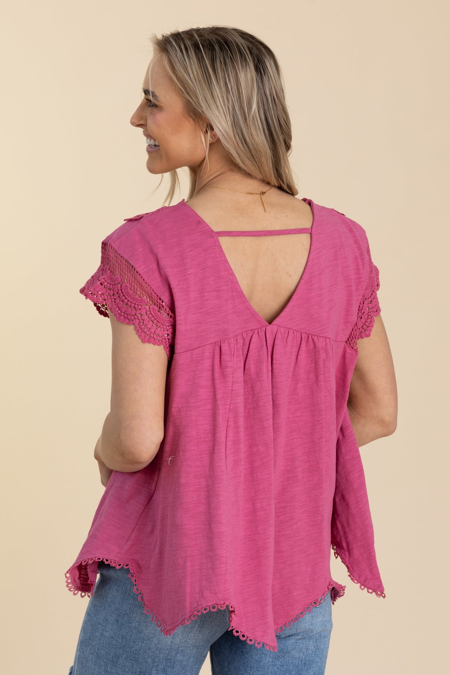 Berry Lace Short Sleeve Cotton Slub Knit Top