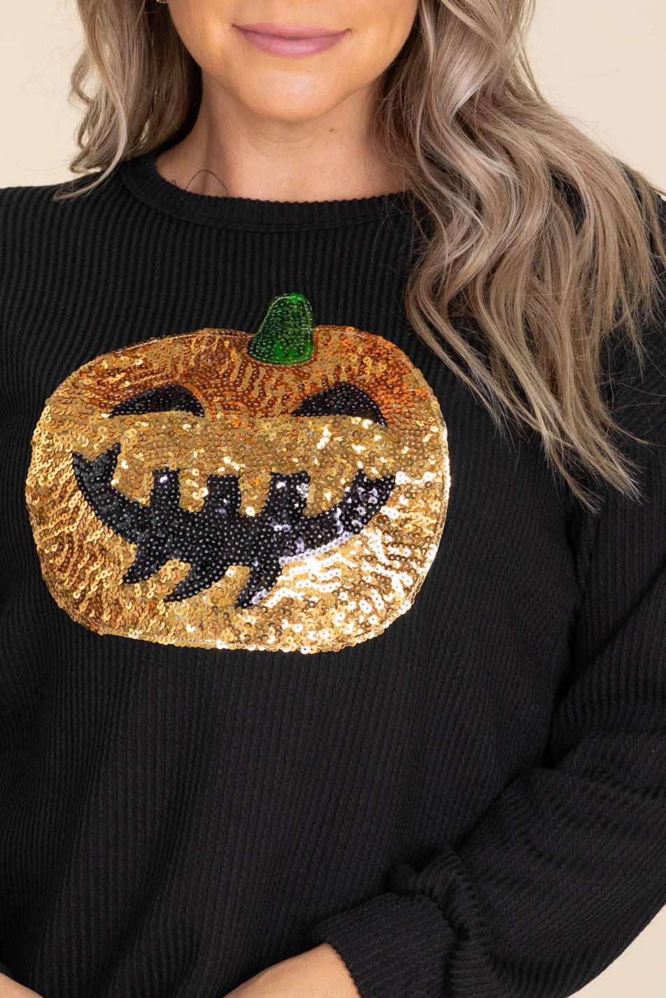 Black Ribbed Pumpkin Sequin Knit Top
