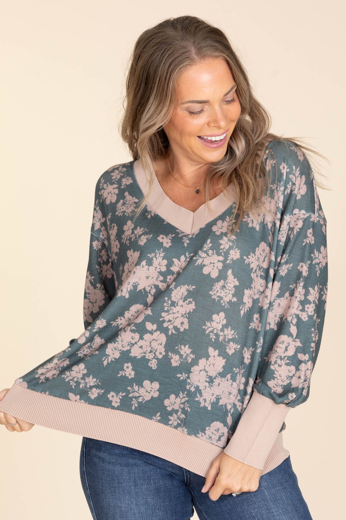 Deep Sage Relaxed Floral Jacquard Knit Top