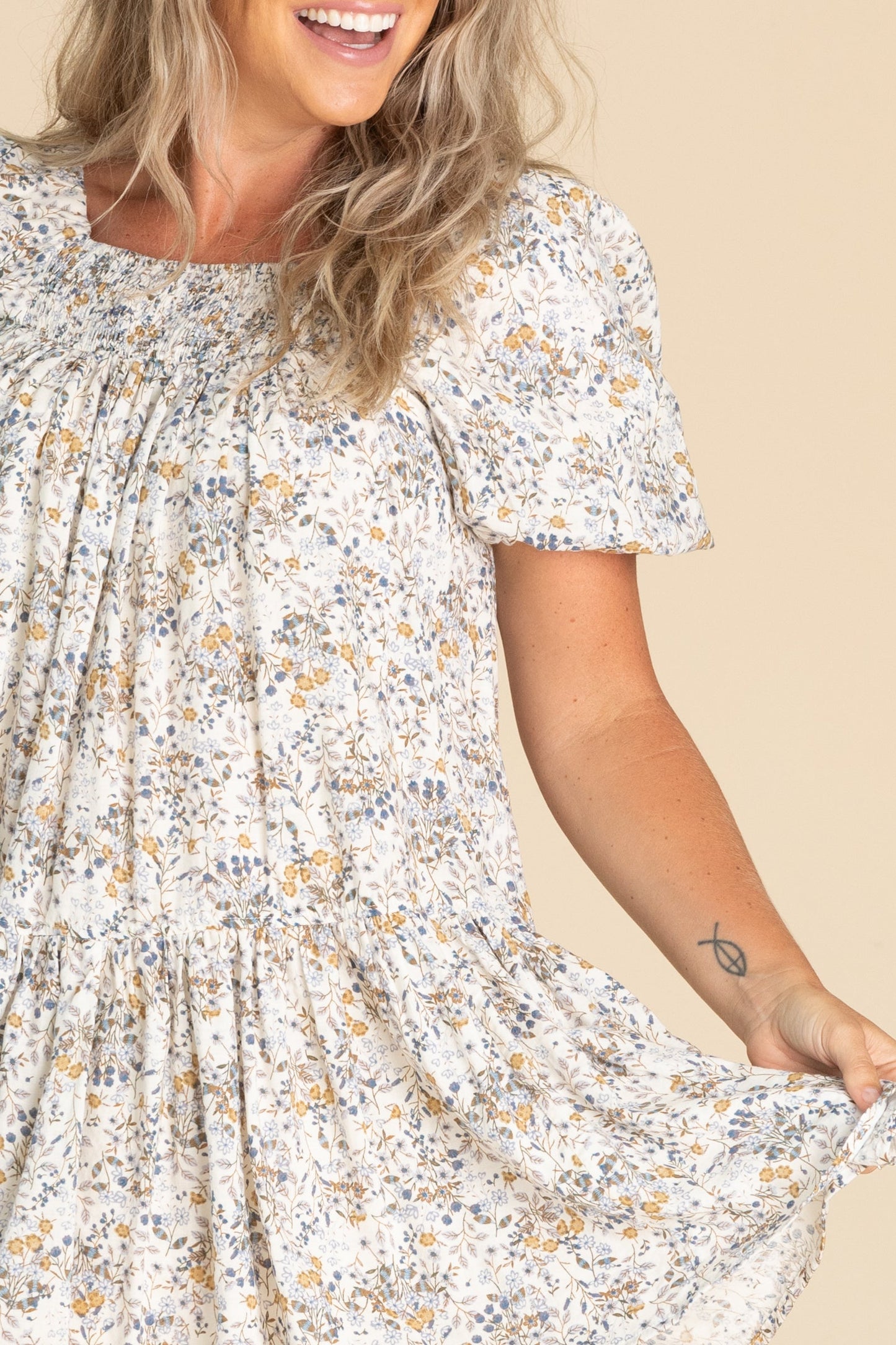 Slate Blue Puff Sleeve Floral Dress