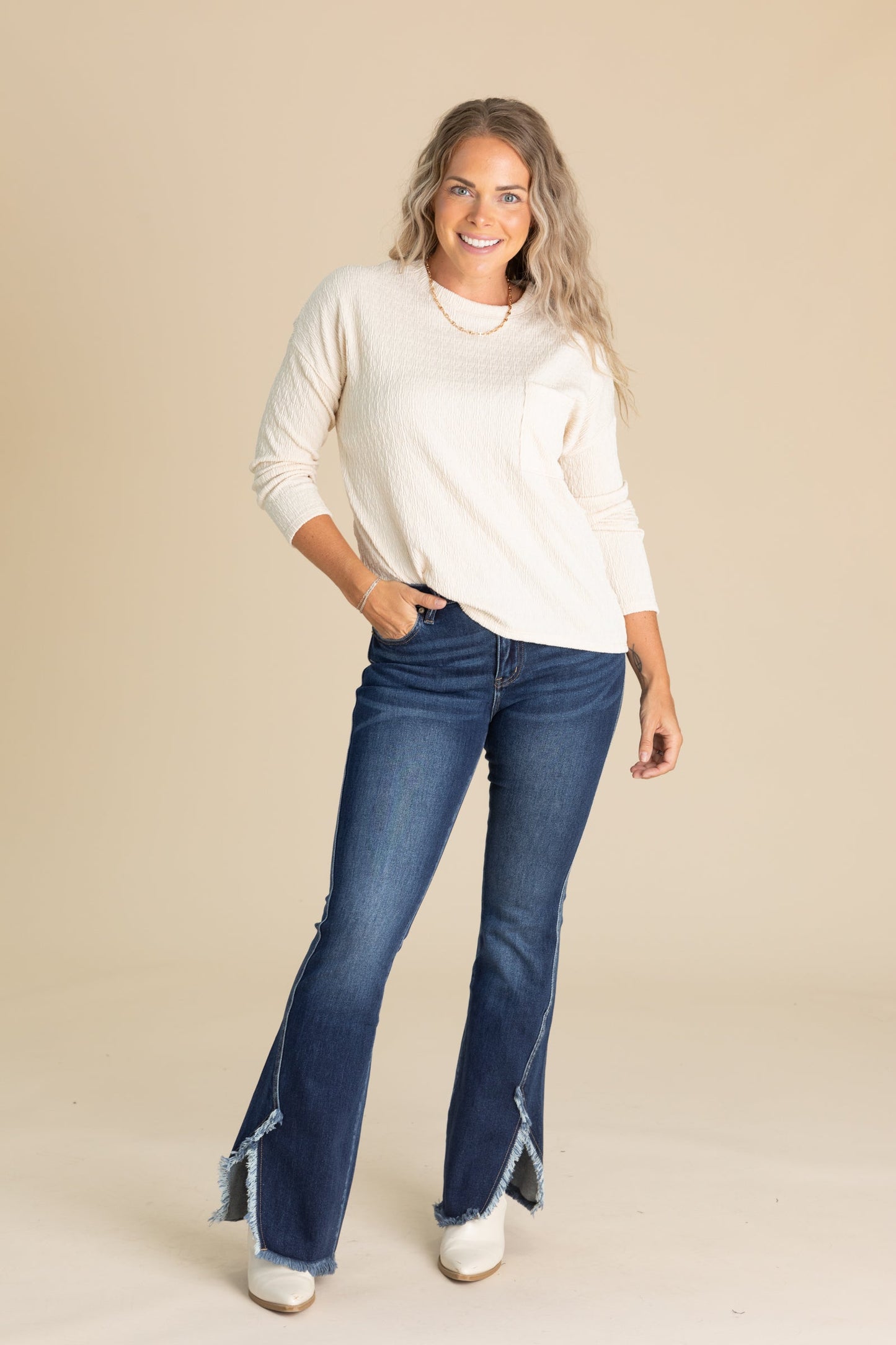 Drop Shoulder Ripple Jacquard Knit Tops