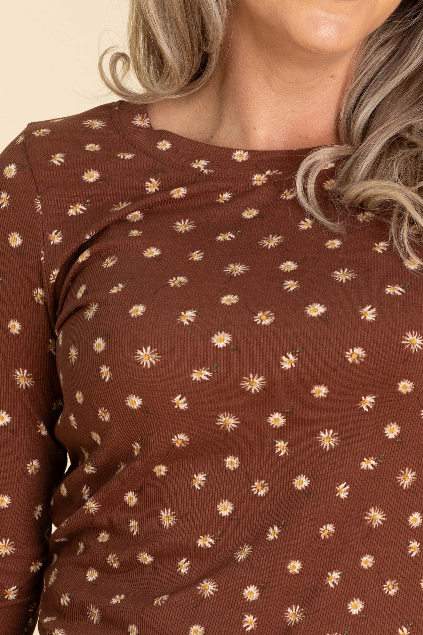 Brown Floral Rib Long Sleeve Knit Top