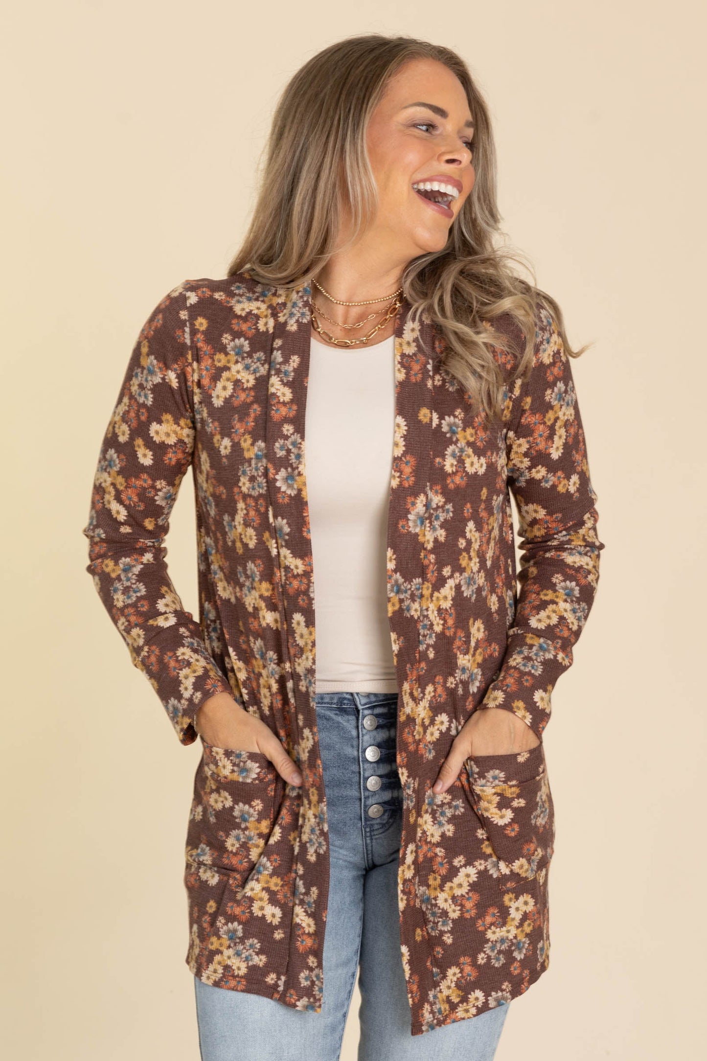 Red Brown Thermal Floral Print Open Cardigan