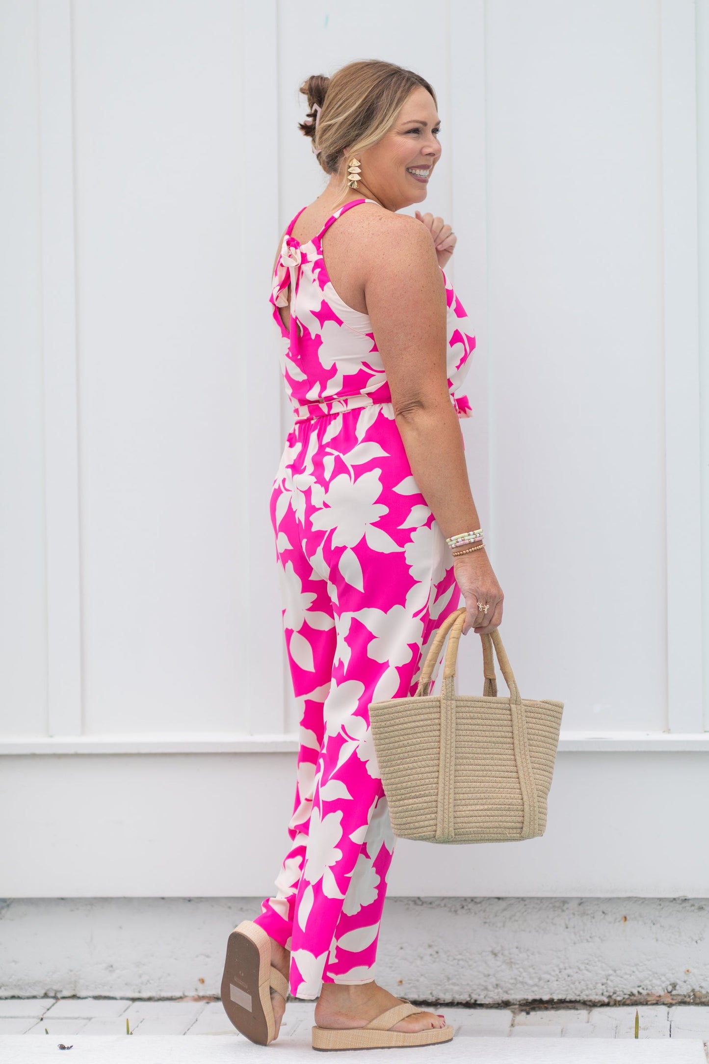 Hot Pink Floral Print Halter Neck Jumpsuit