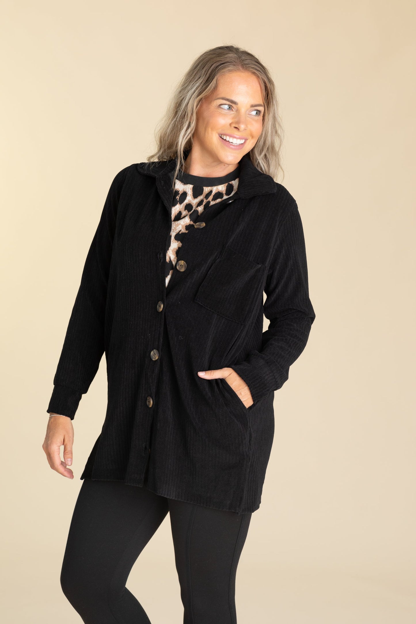 Black Corduroy Ribbed Shacket With Pockets