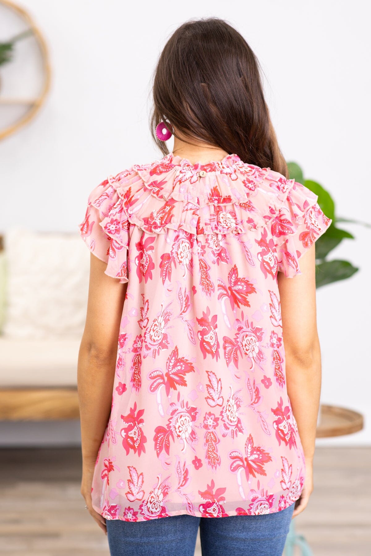Blush and Pink Floral Ruffle Sleeve Top
