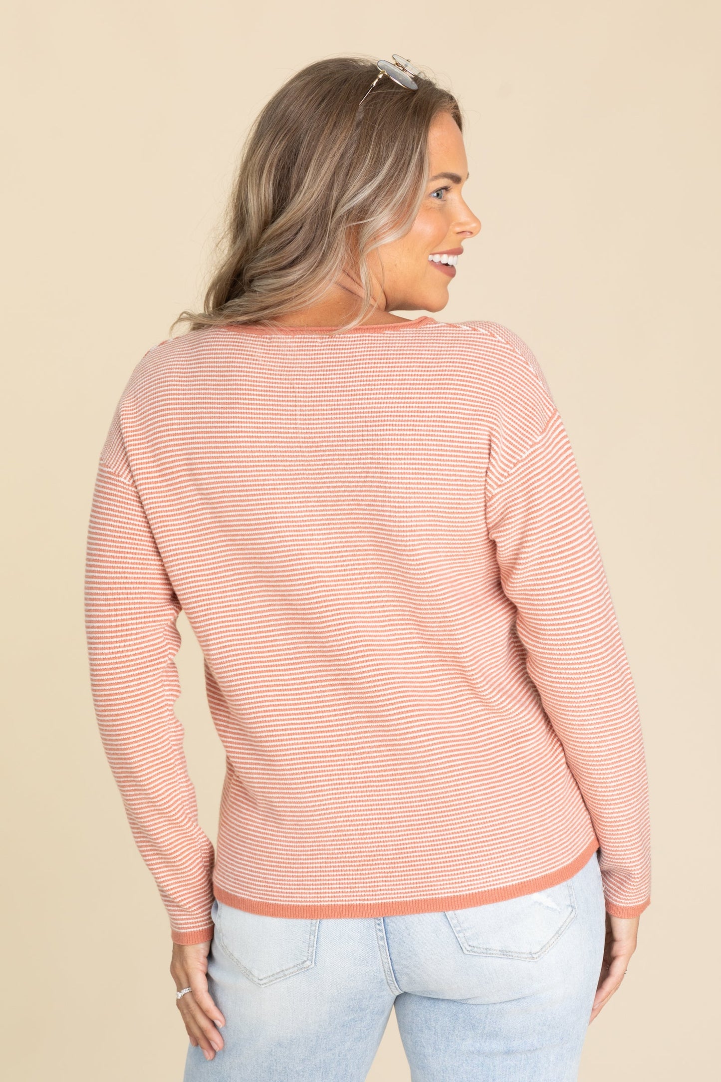 Waffle Textured Pinstriped Pullover Sweaters