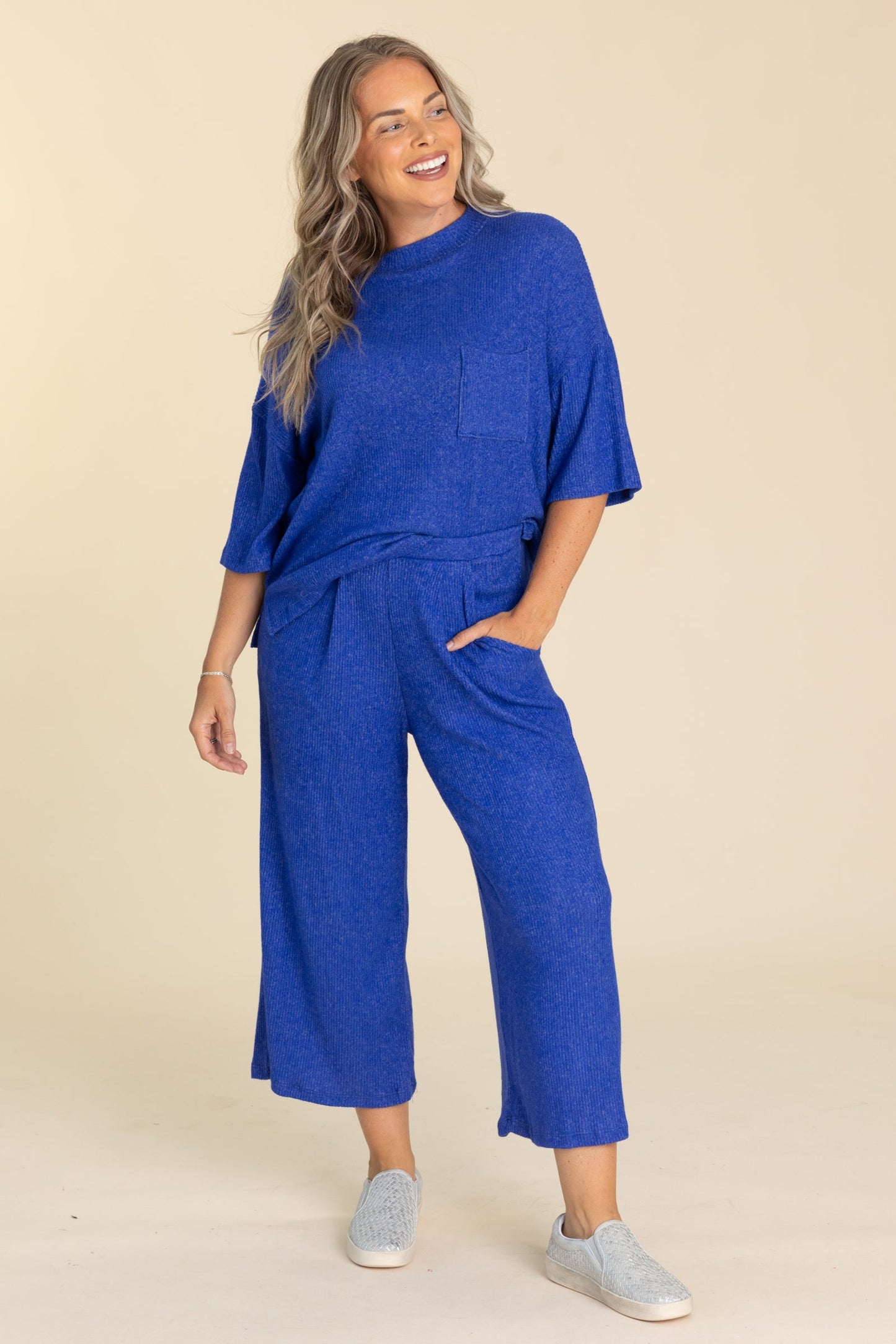 Royal Blue Brushed Rib Pocket Knit Top