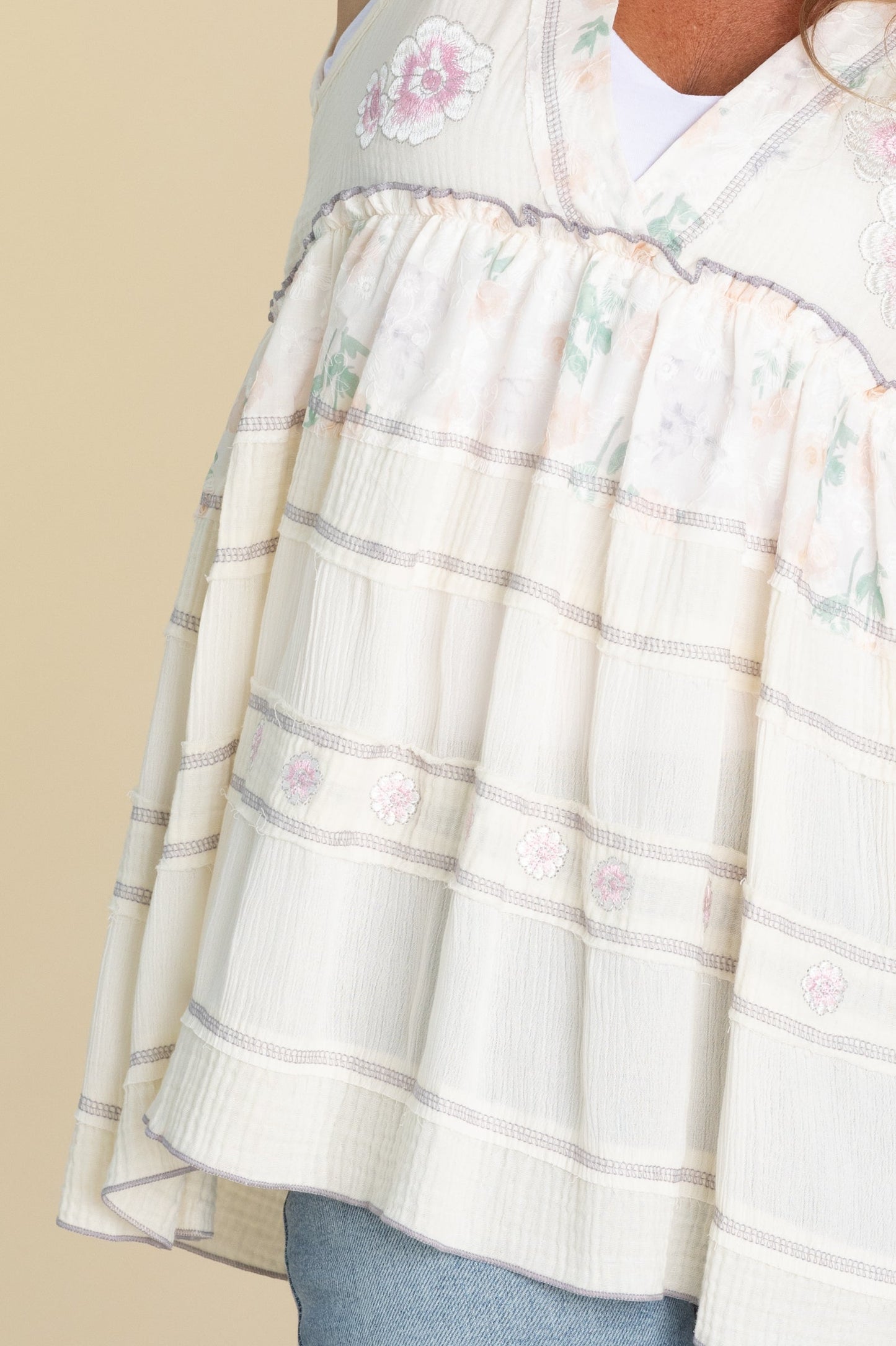 Cream V-Neck Floral Boho Gauze Top