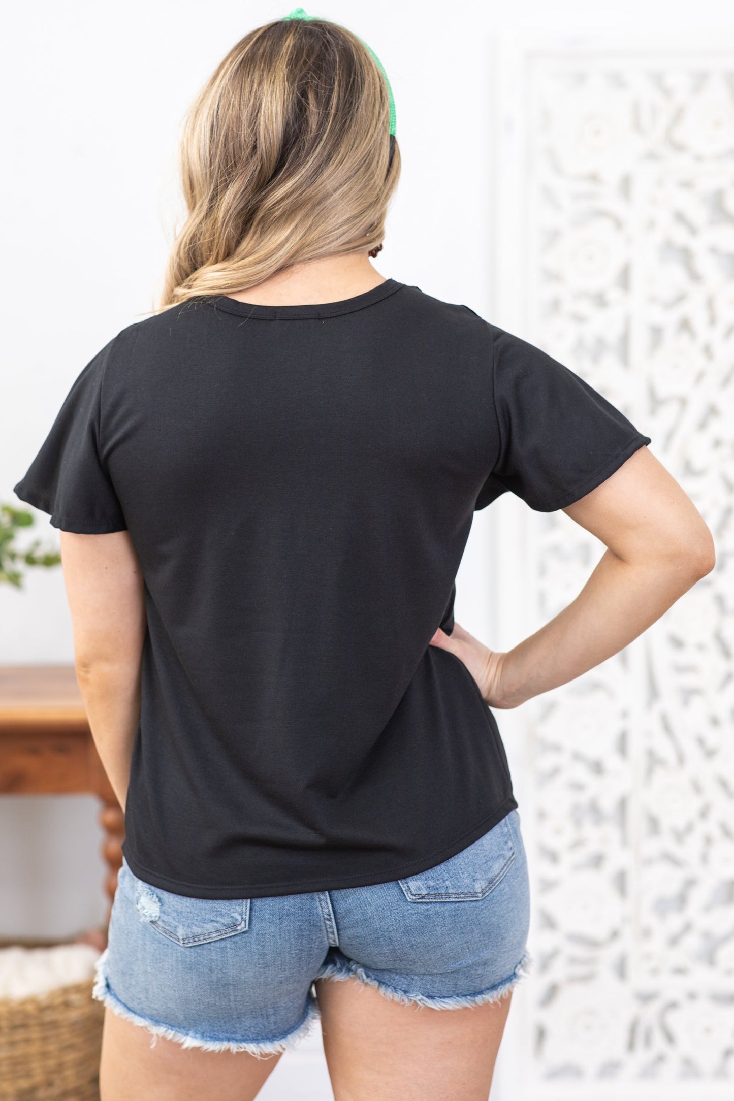 Black French Terry Knit With Lace Front Top