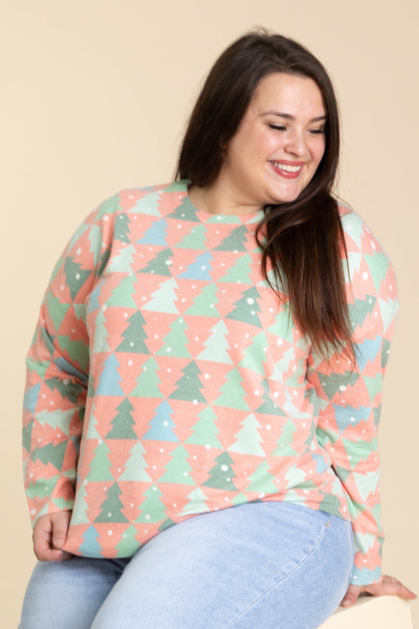 Coral Christmas Tree Pattern Knit Sweater Top