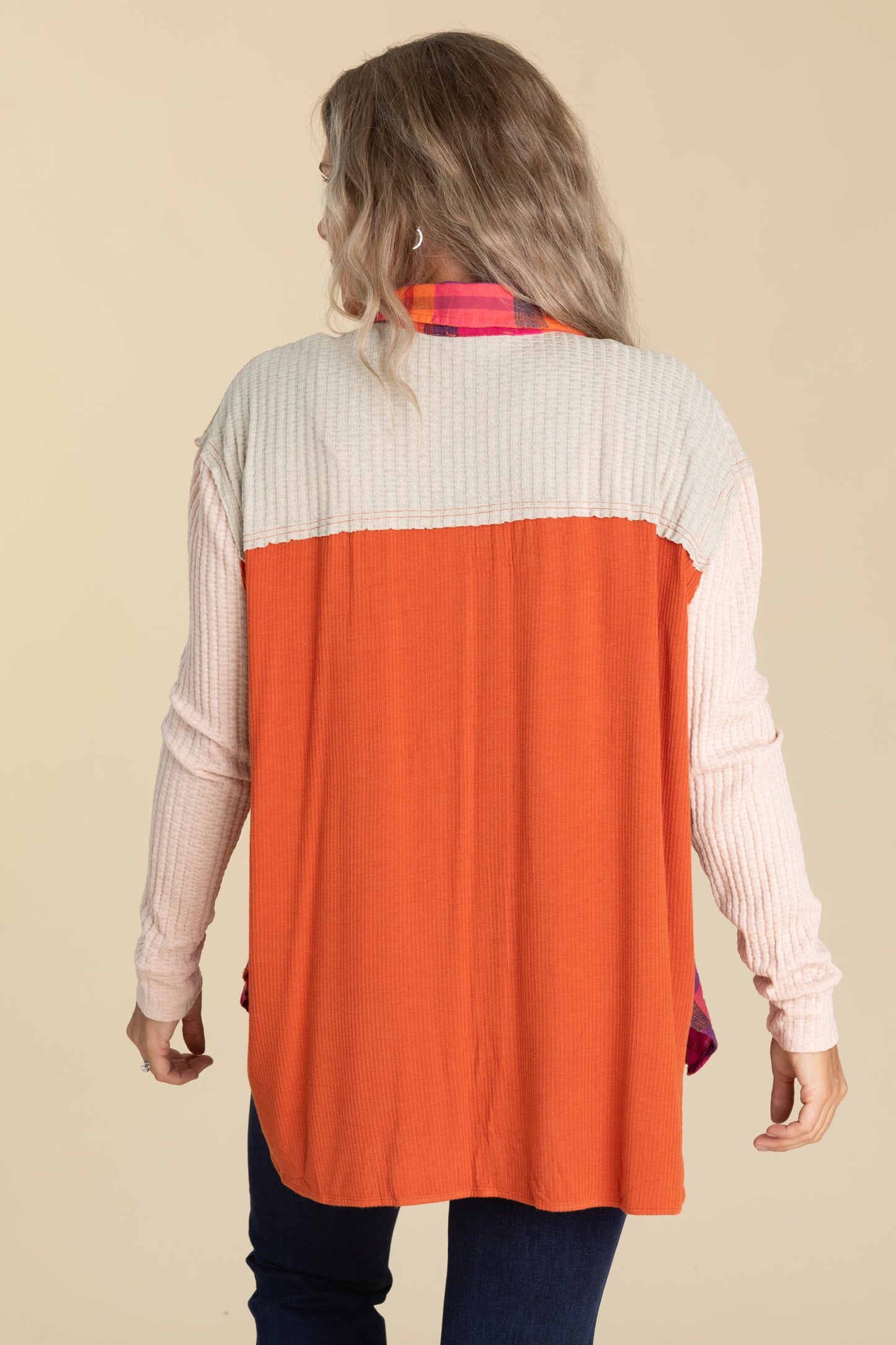 Orange Plaid Mix Thermal Knit Button Down