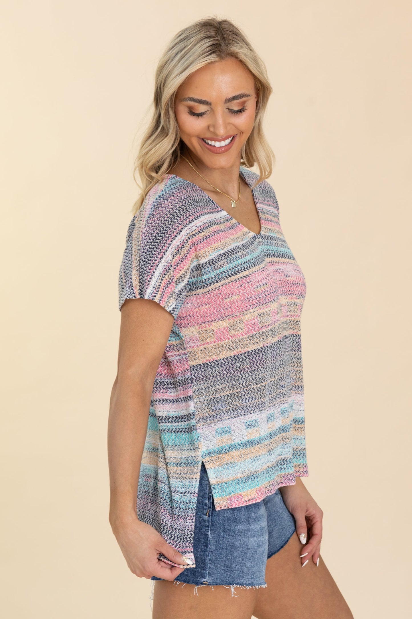 Multicolor Breezy Knit V-Neck Short Sleeve Top