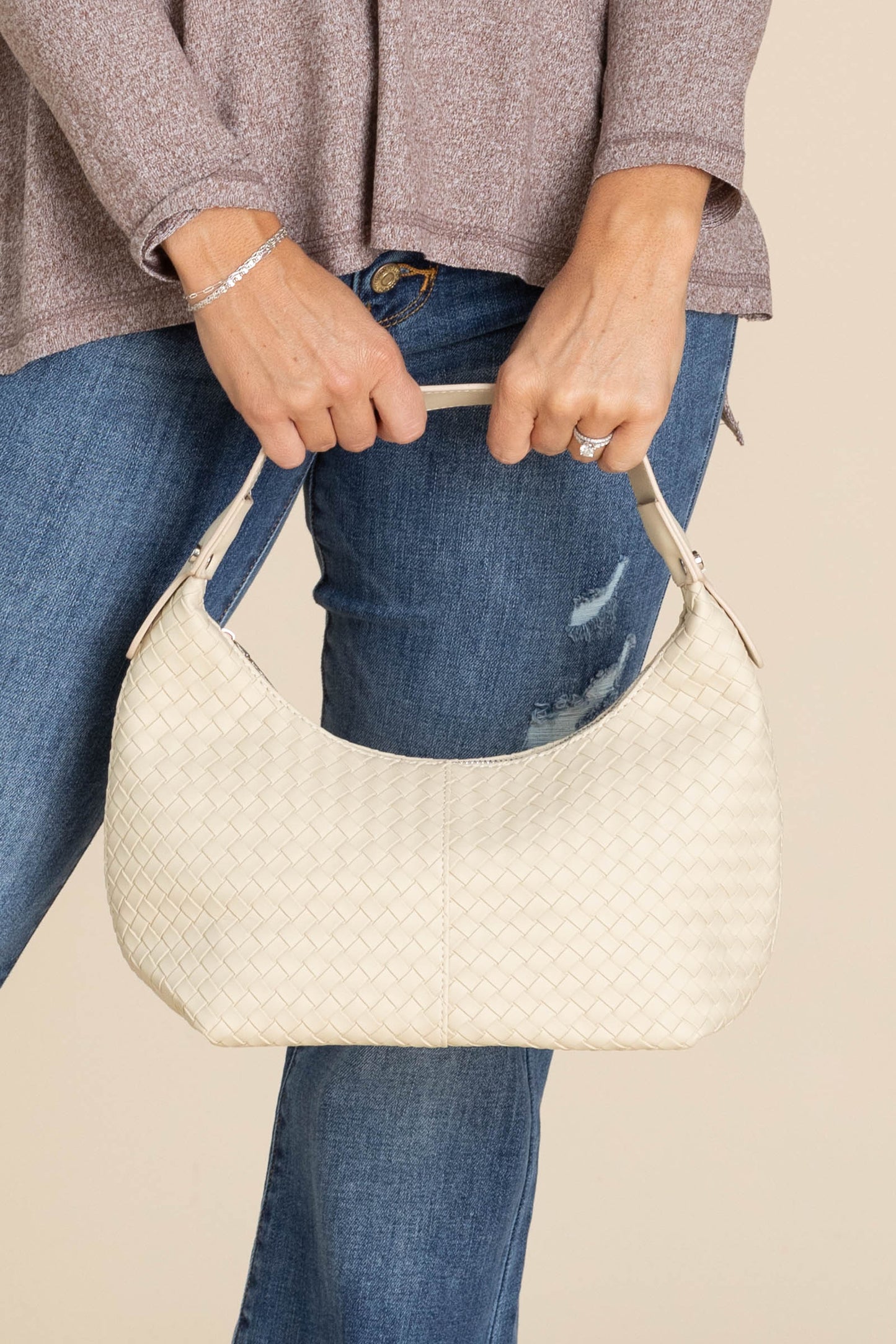 Beige Woven Weave Shoulder Bag