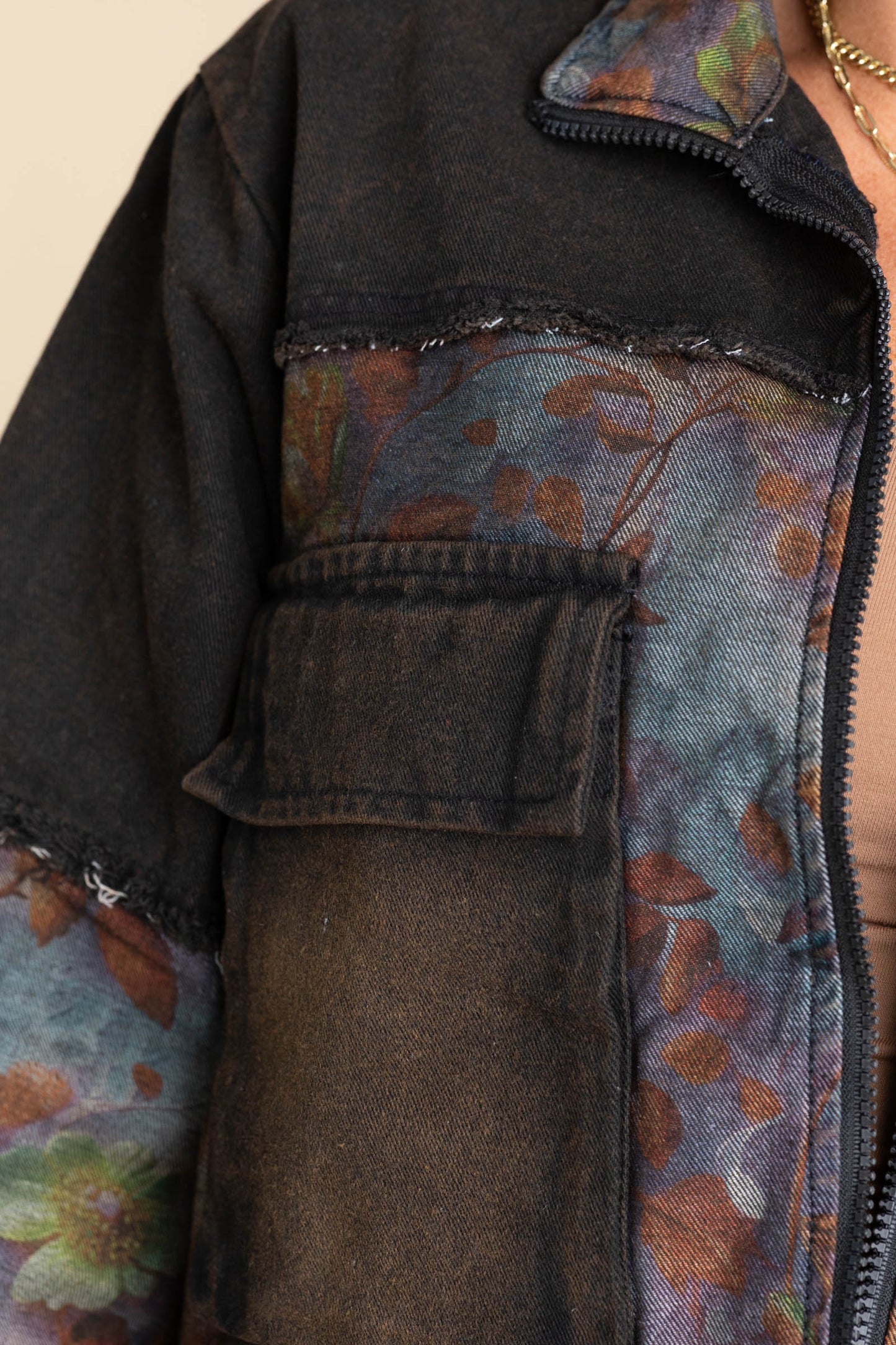 Brown Black Denim Jacket With Floral Design