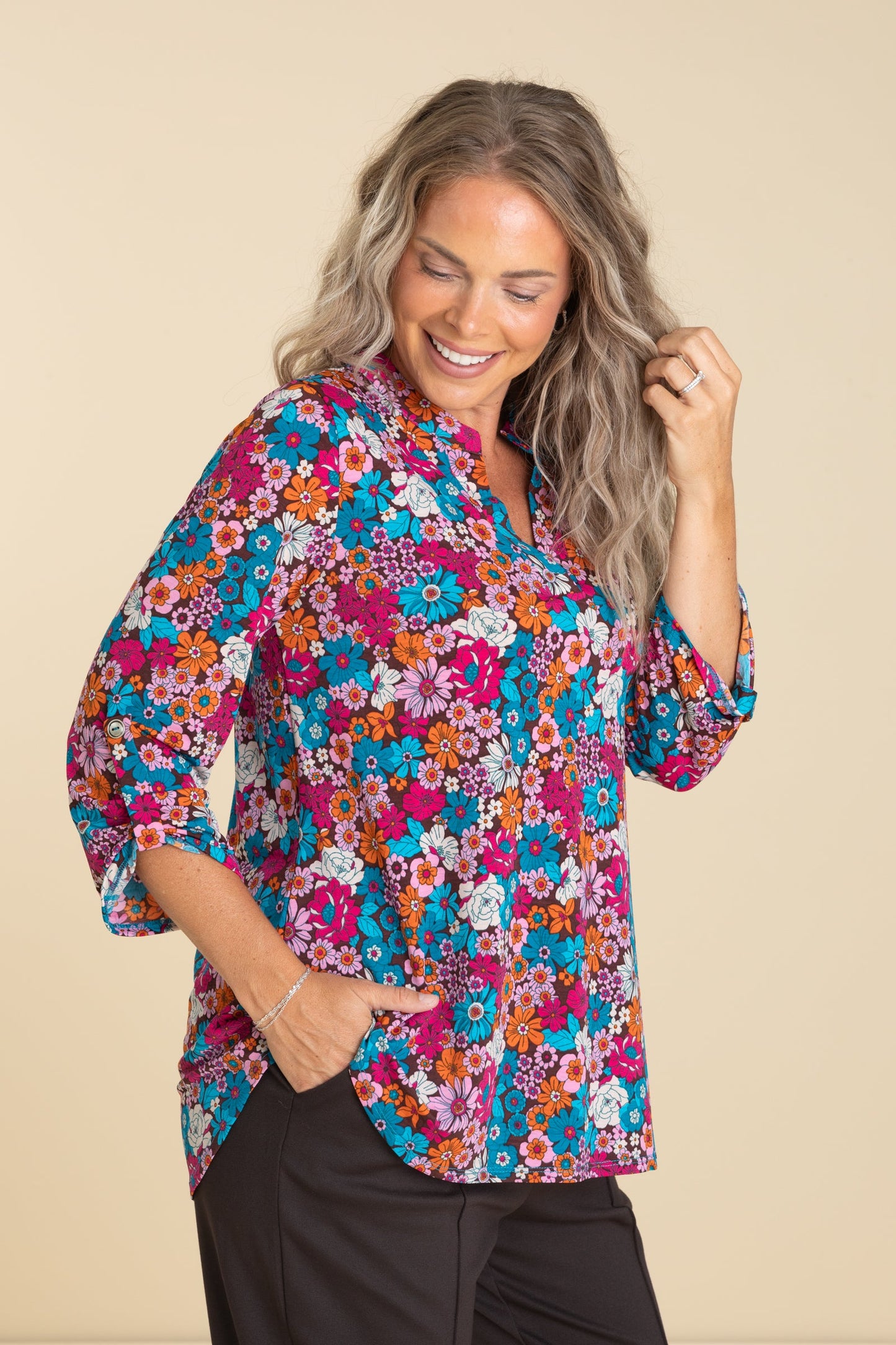 Brown Floral Lizzy Wrinkle Free Top