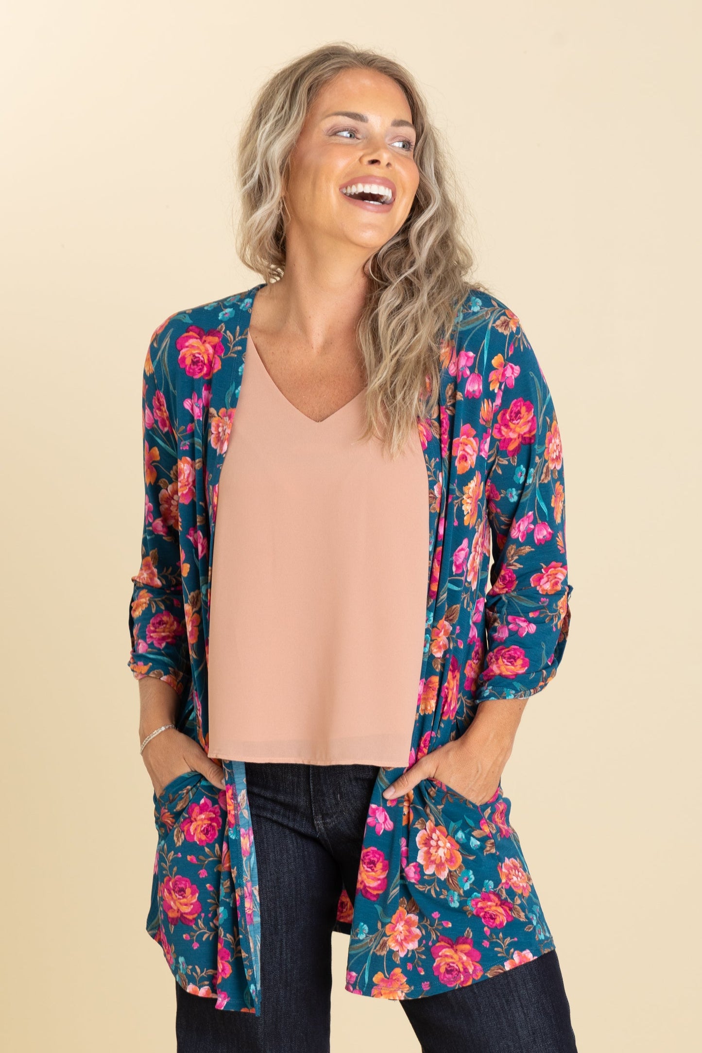 Teal Floral Open Front Wrinkle Free Cardigan
