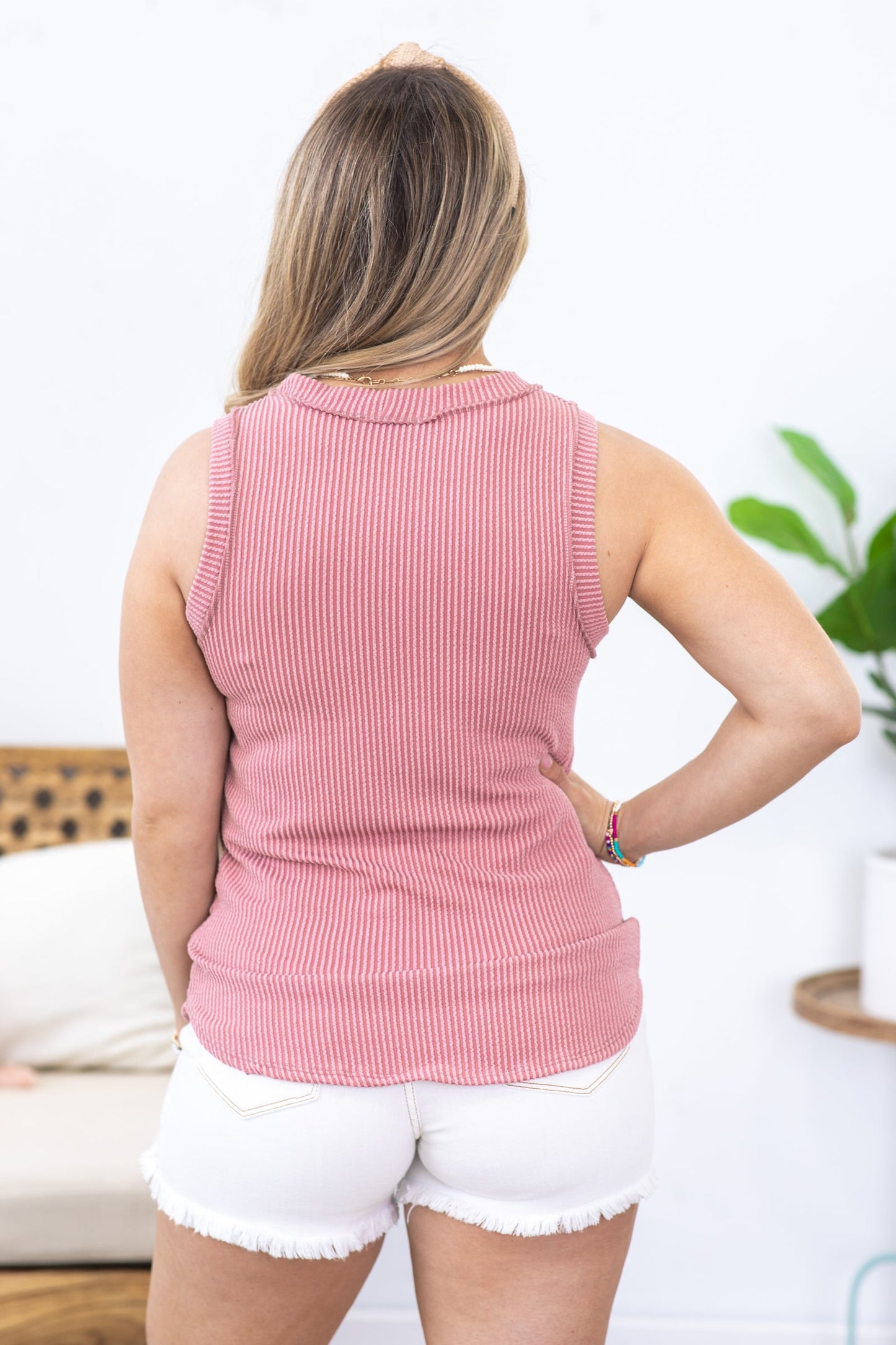 Dusty Rose Sleeveless Solid Ribbed Knit Tank