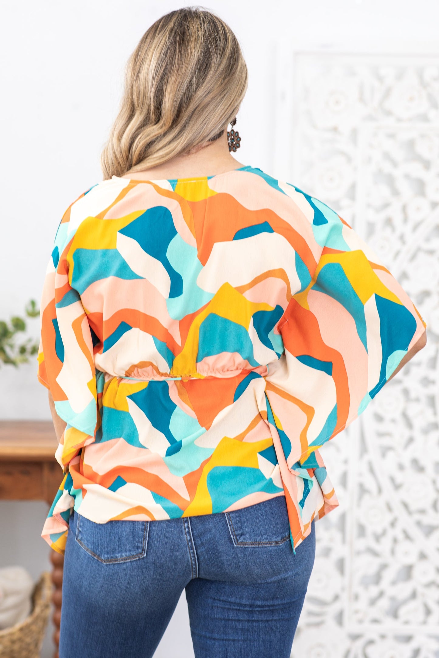 Teal Multicolor Geo Print Woven Top