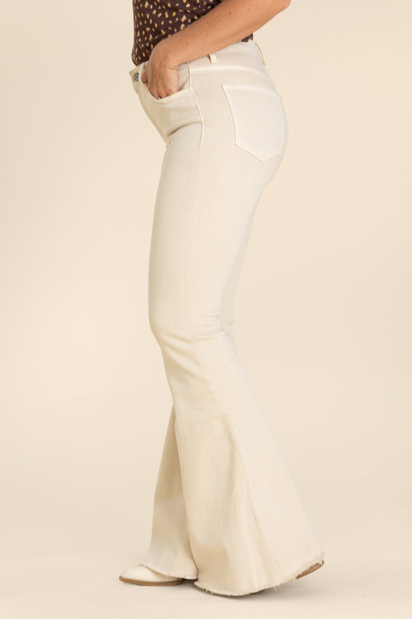 Vervet Beige High Rise Raw Hem Flare Jeans