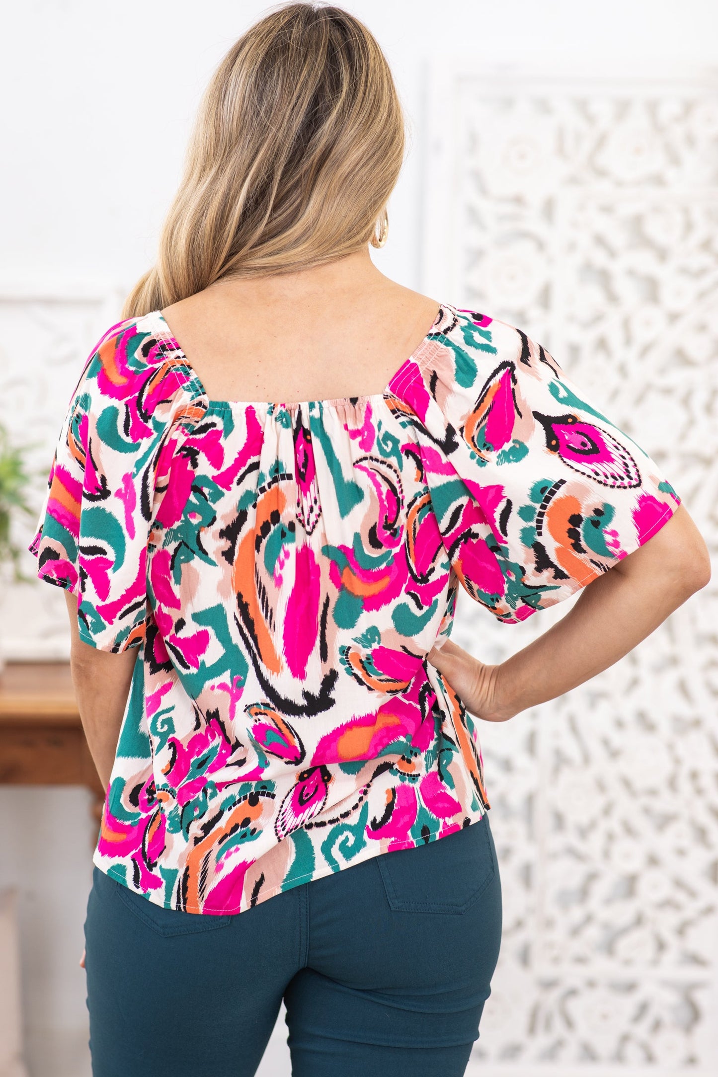 Pink Multicolor Square Neckline Knit Top