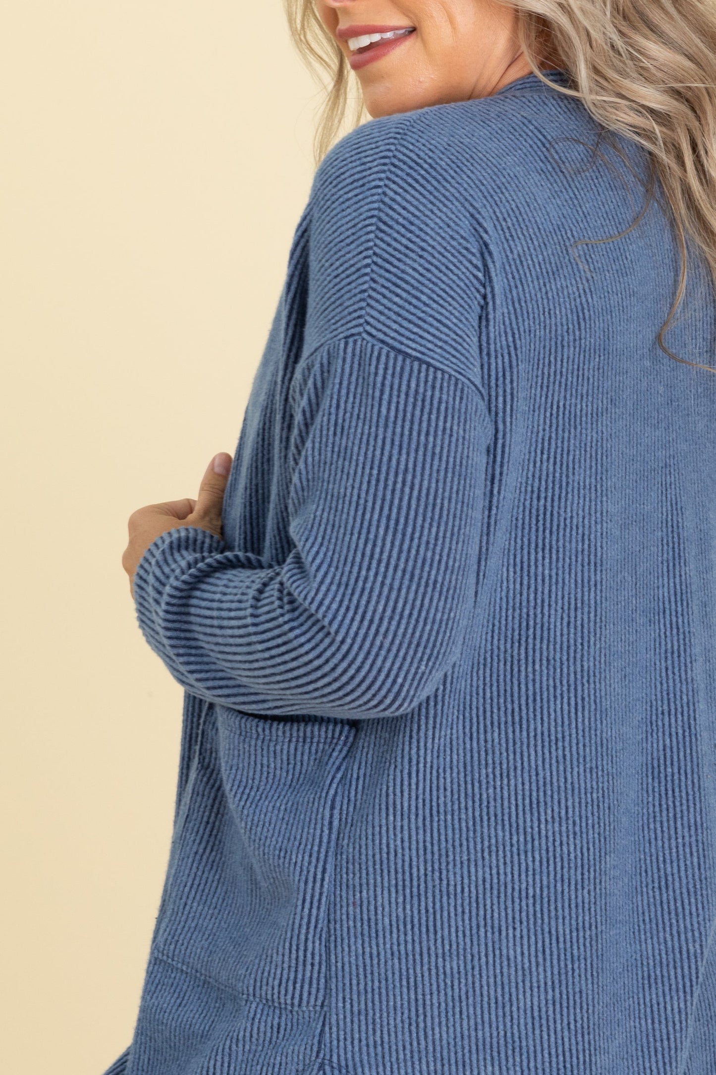 Solid Ribbed Cardigan With Front Pockets