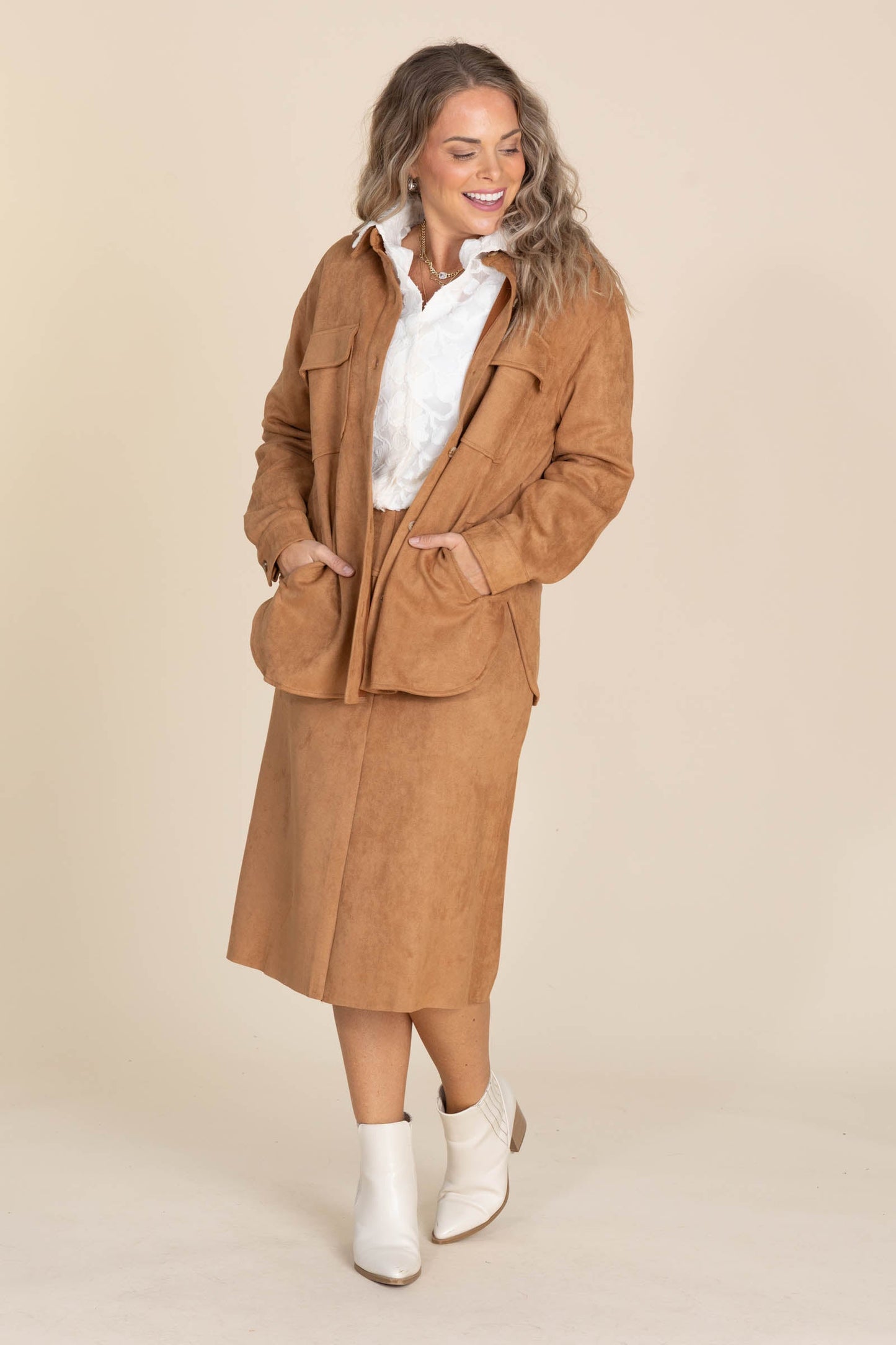 Camel Soft Microsuede Midi Skirt