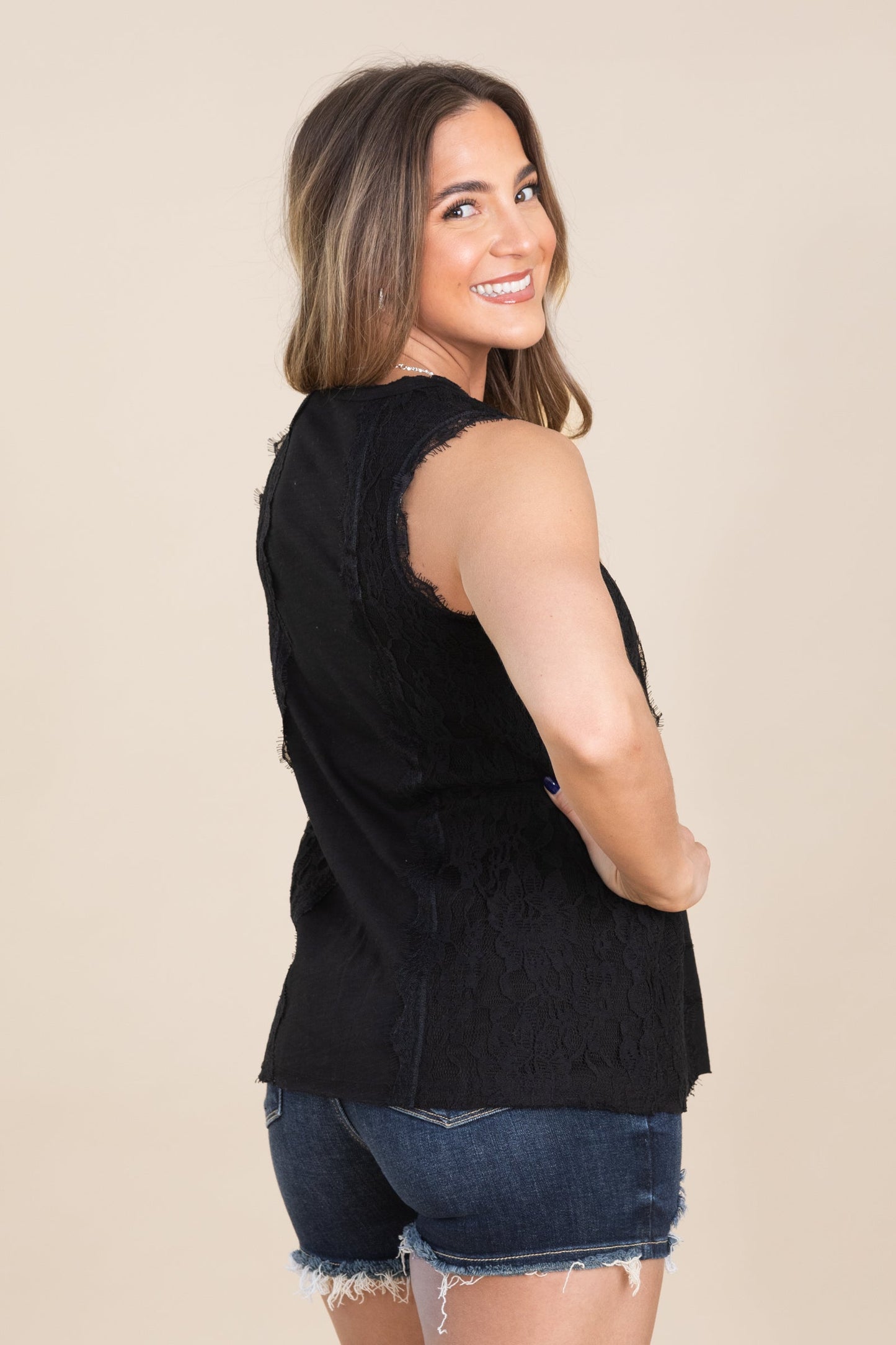 Black Vintage Knit Lacey Sleeveless Top