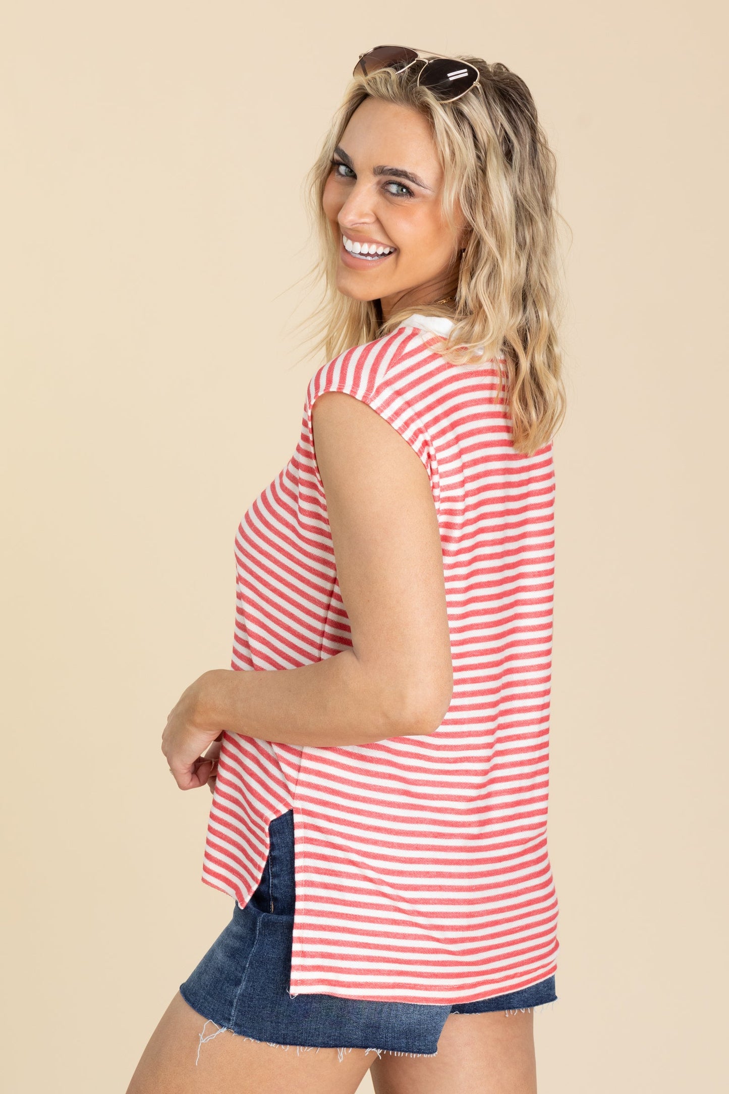 Red Striped Cap Sleeve Knit Top