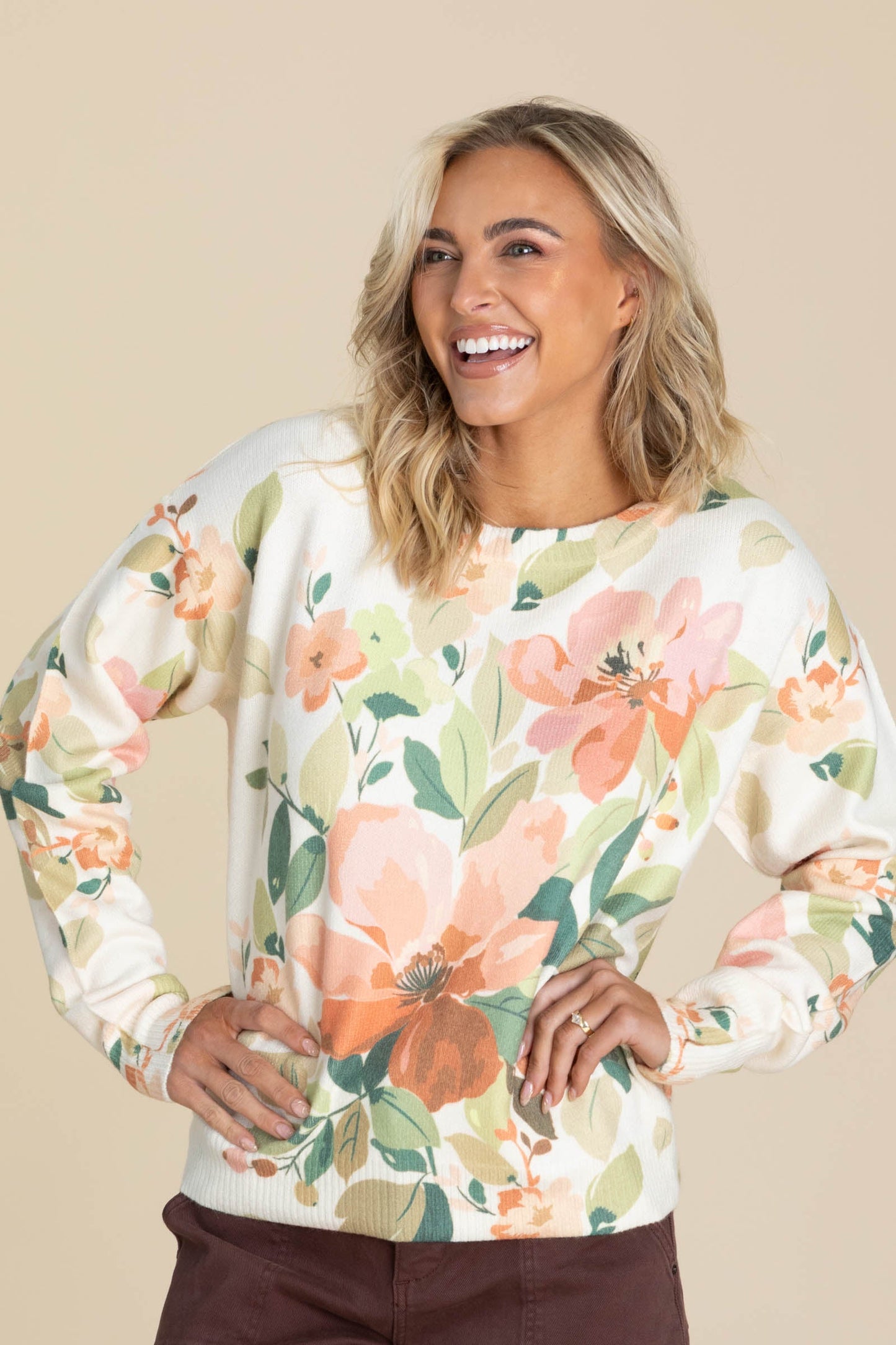 Peach Floral Printed Knit Sweater Top